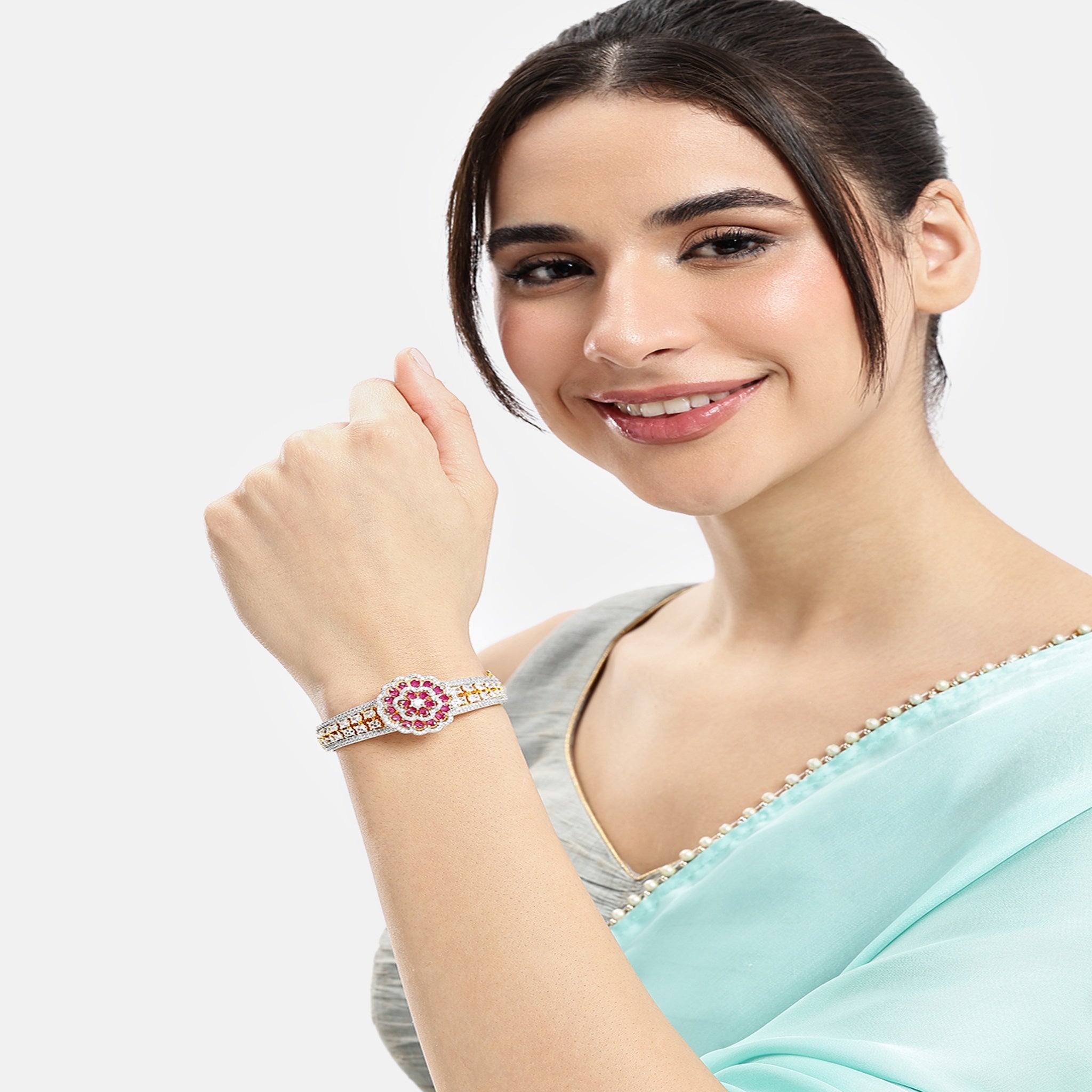 Women Cubic Zirconia Gold-Plated Kada Bracelet-Ruby