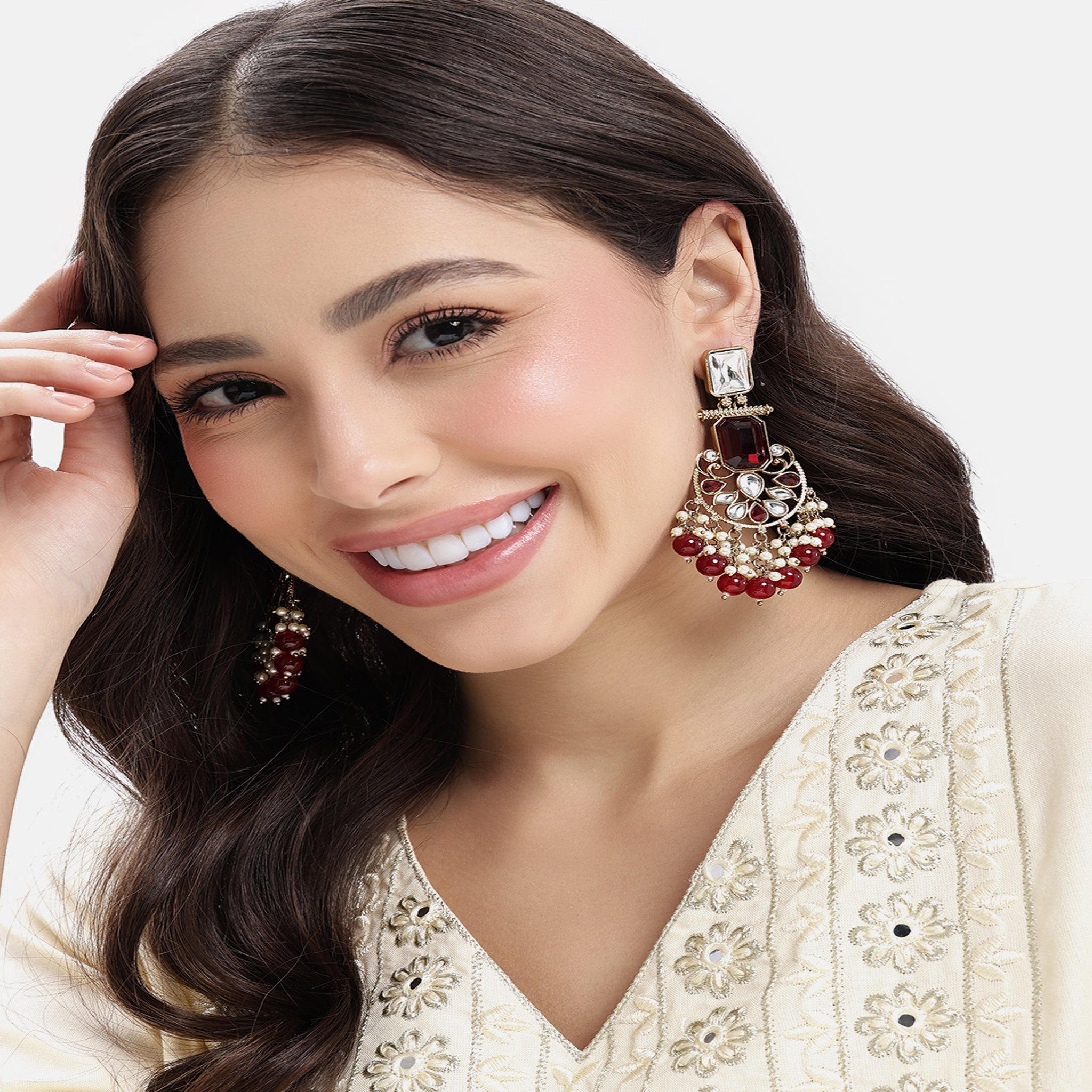Gold Plated Maroon Chandbali Earrings