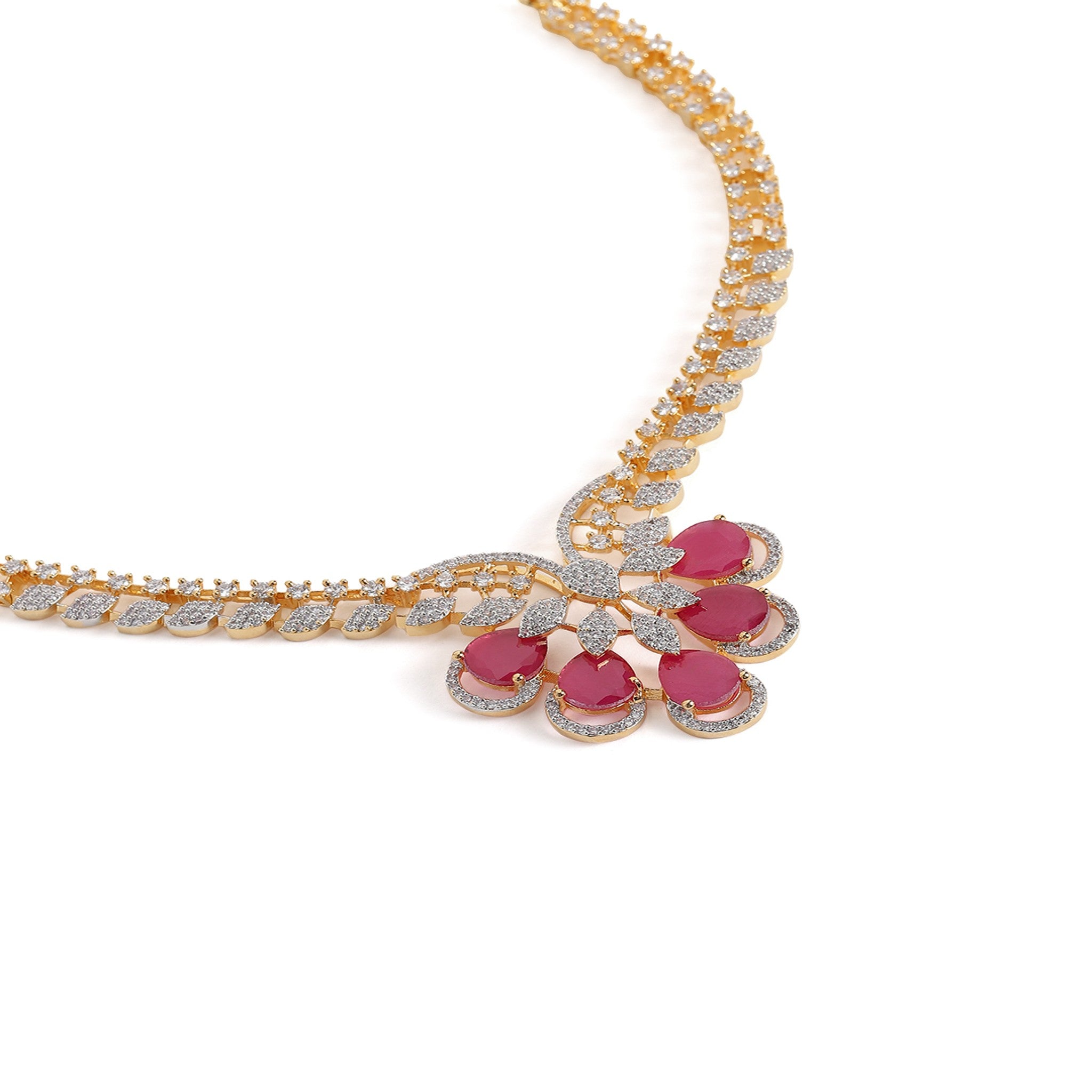 Gold Plated White & Ruby AD-Studded Jewellery Set