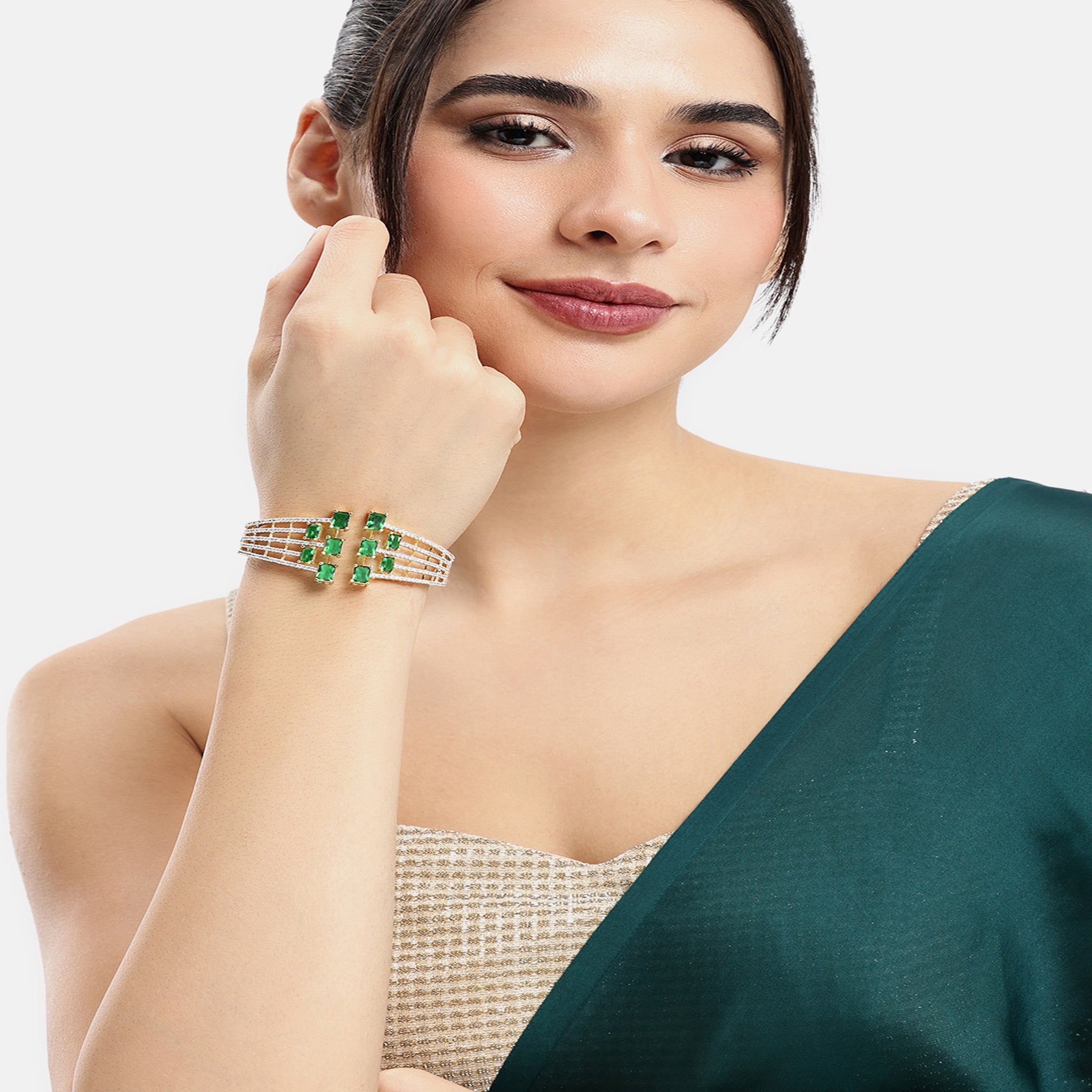 Women Cubic Zirconia Gold-Plated Kada Bracelet-Green