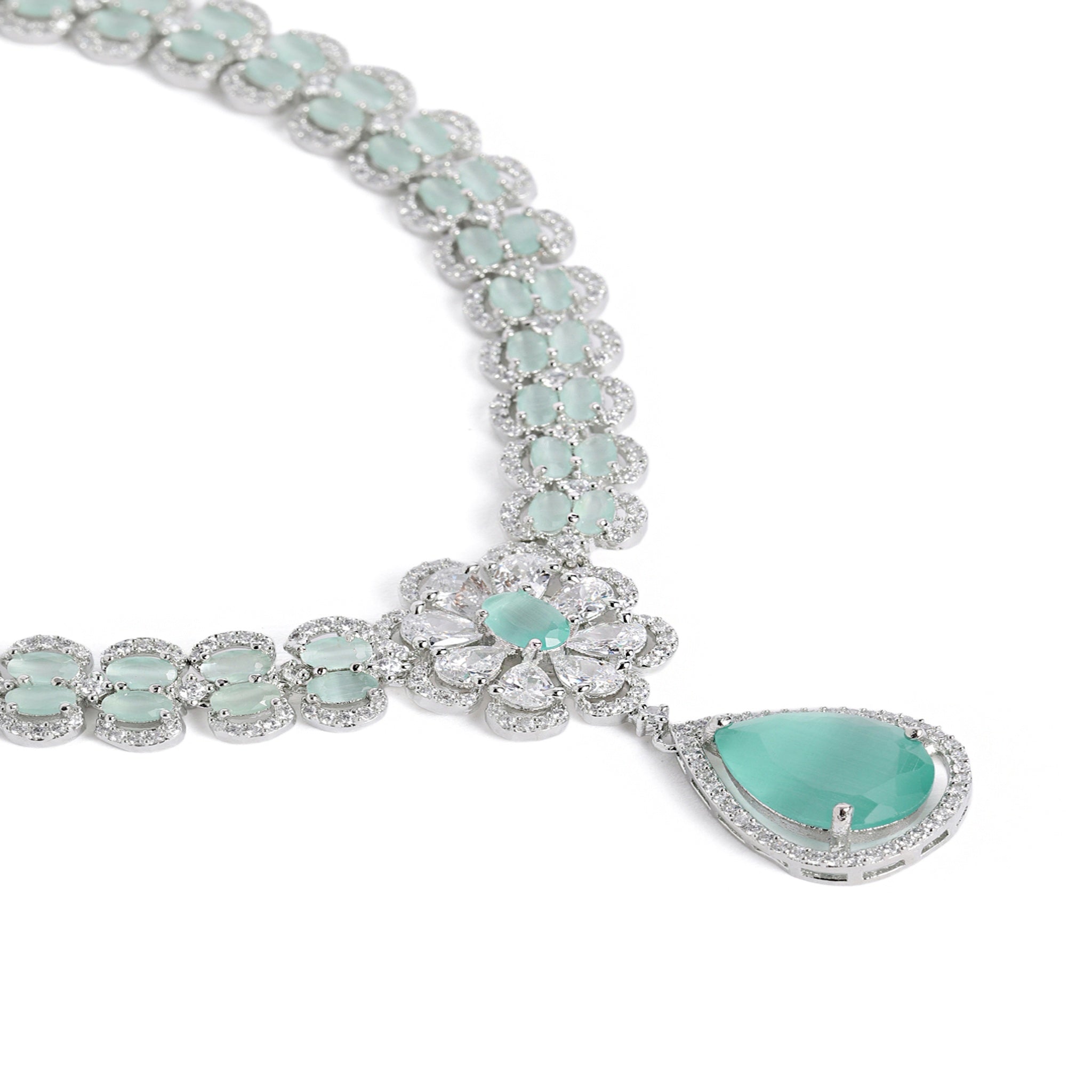 Rhodium-Plated Silver-Toned & Mint AD-Studded Jewellery Set