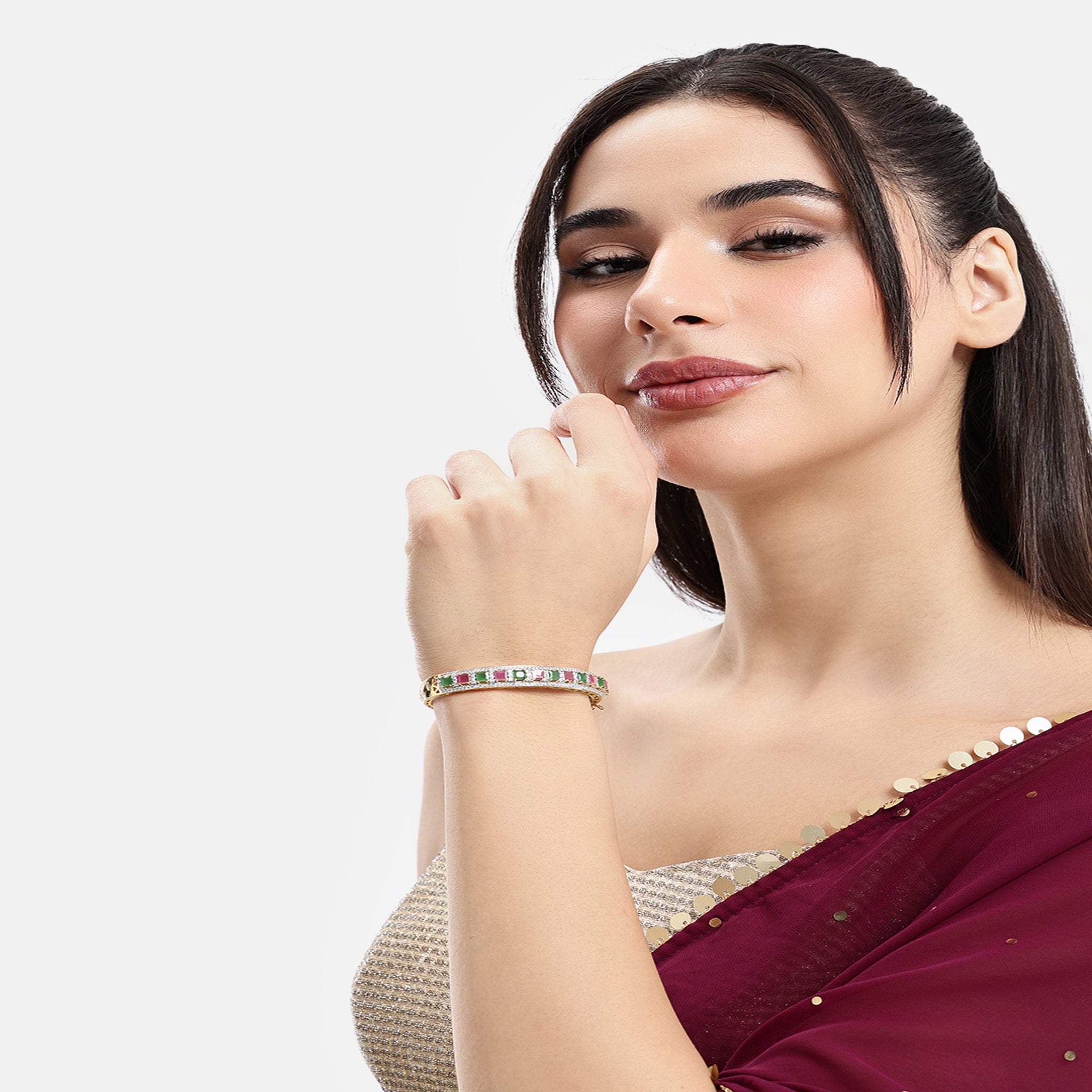 Women Cubic Zirconia Gold-Plated Kada Bracelet-Rubygreen