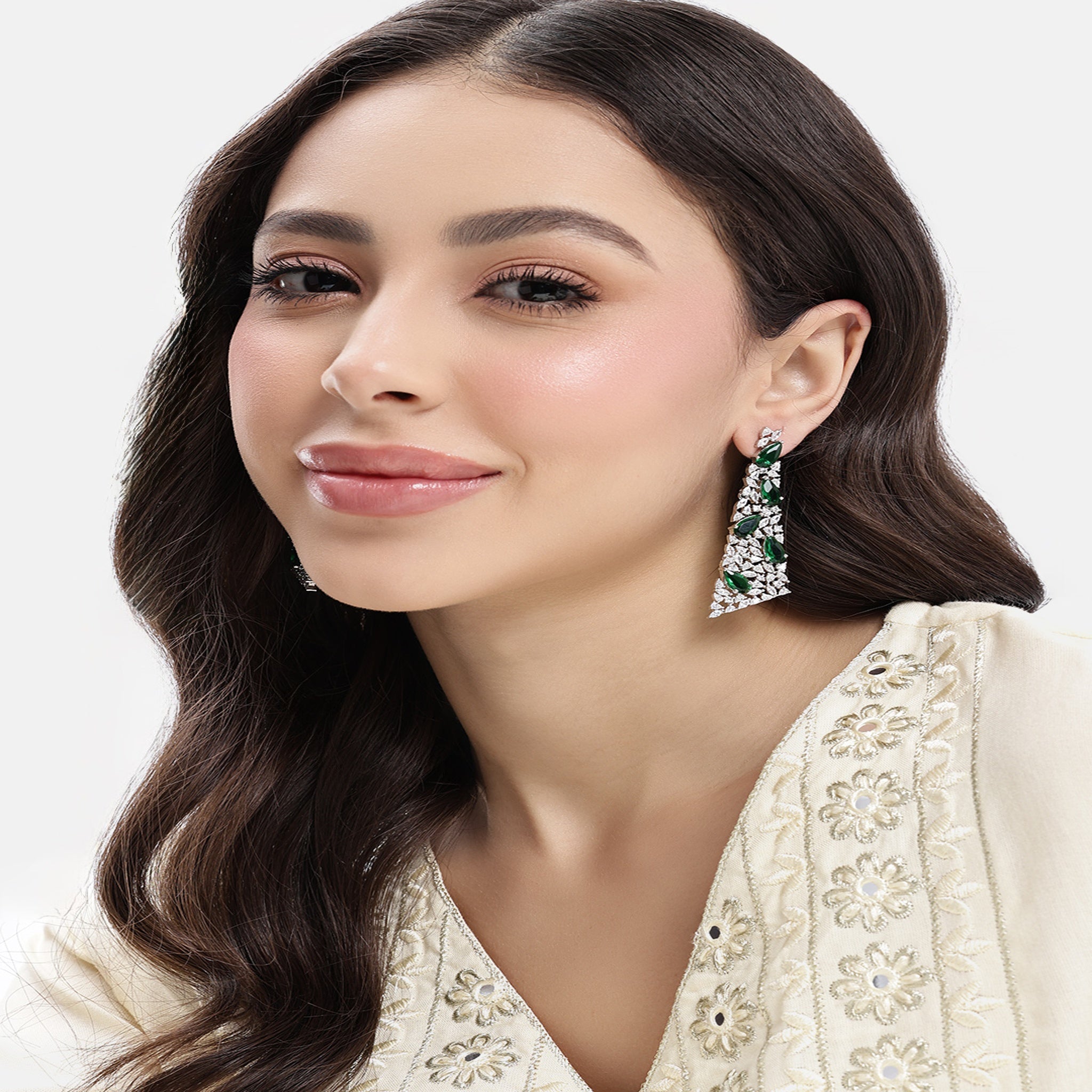 Silver-Toned American Diamonds Green Drop Earrings