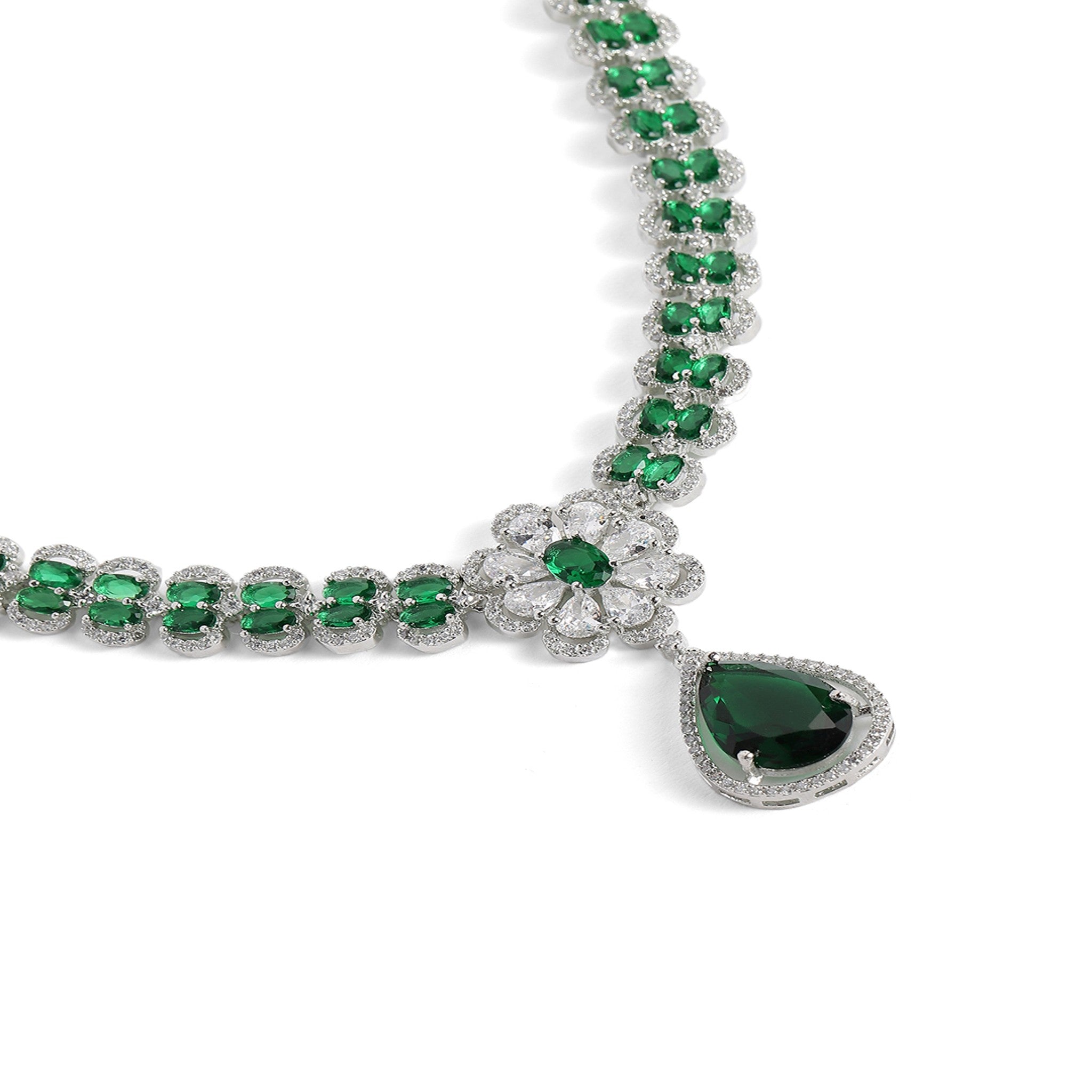 Rhodium-Plated Silver-Toned & Green AD-Studded Jewellery Set