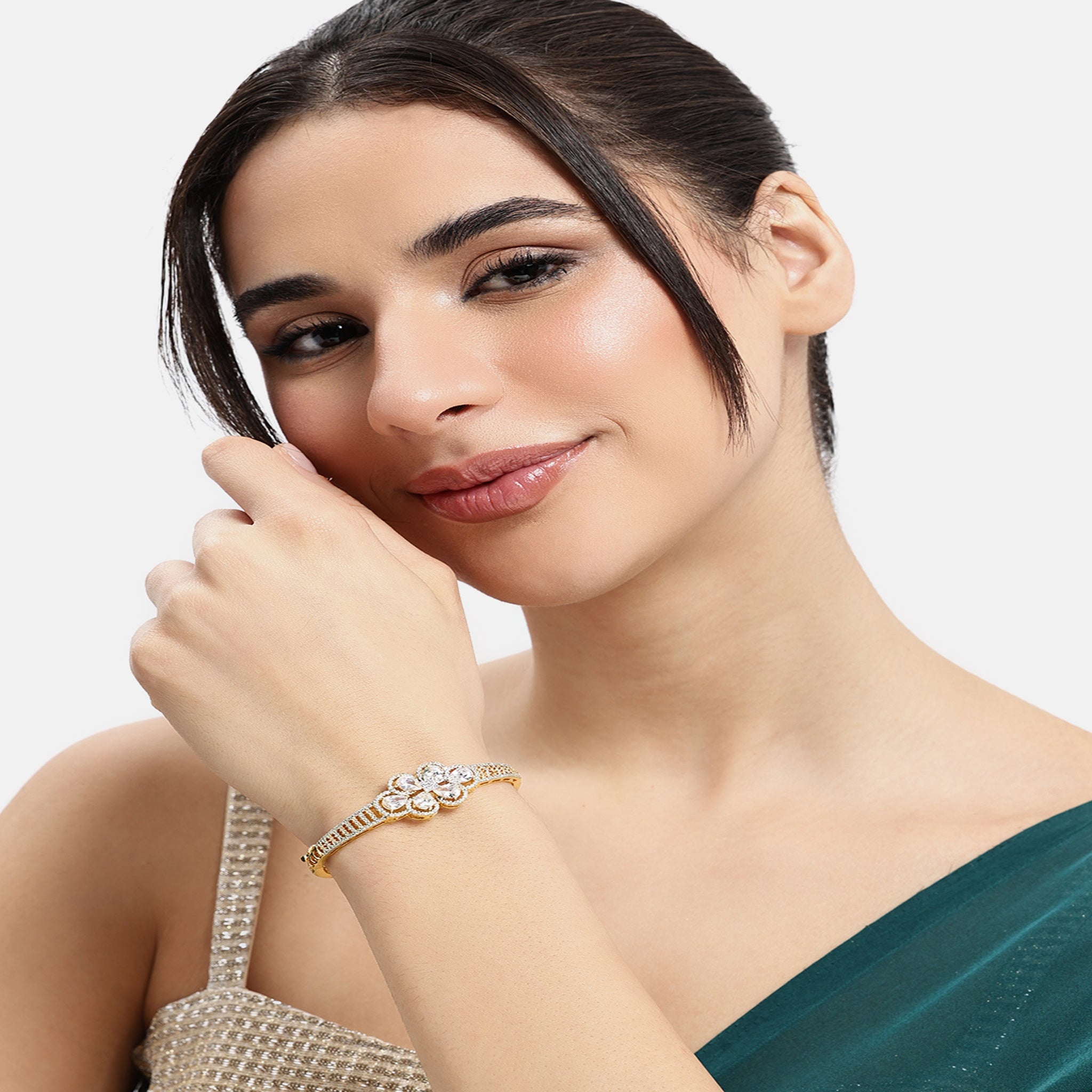 Women Cubic Zirconia Gold-Plated Kada Bracelet-White