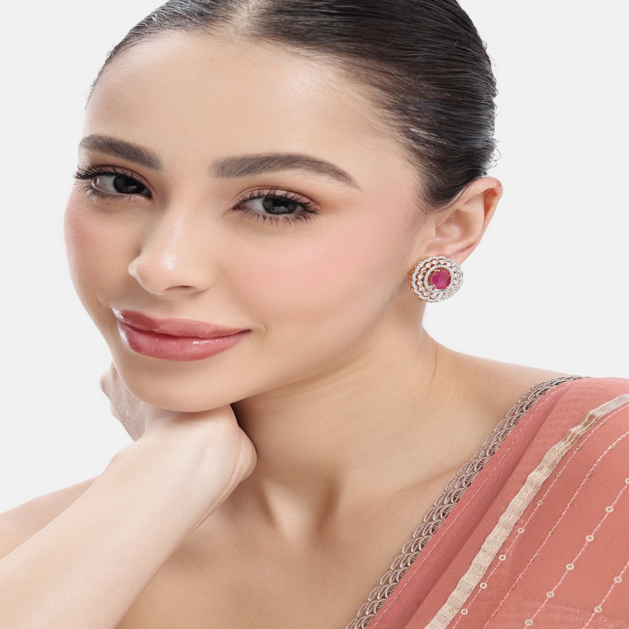 Gold Plated Ruby American Diamond Stud Earrings