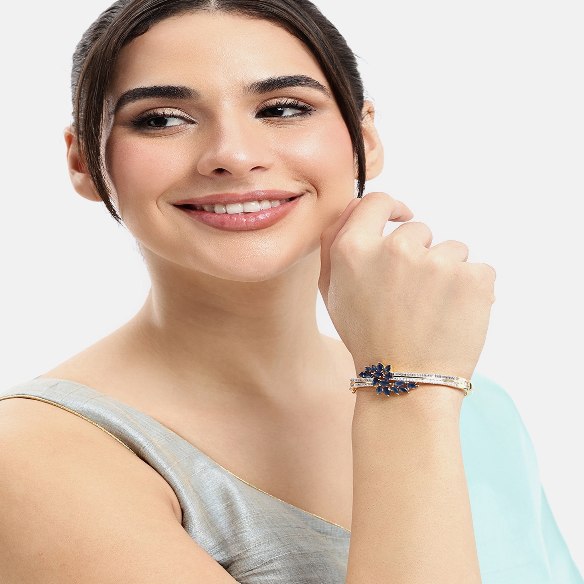 Women Cubic Zirconia Gold-Plated Kada Bracelet-Blue
