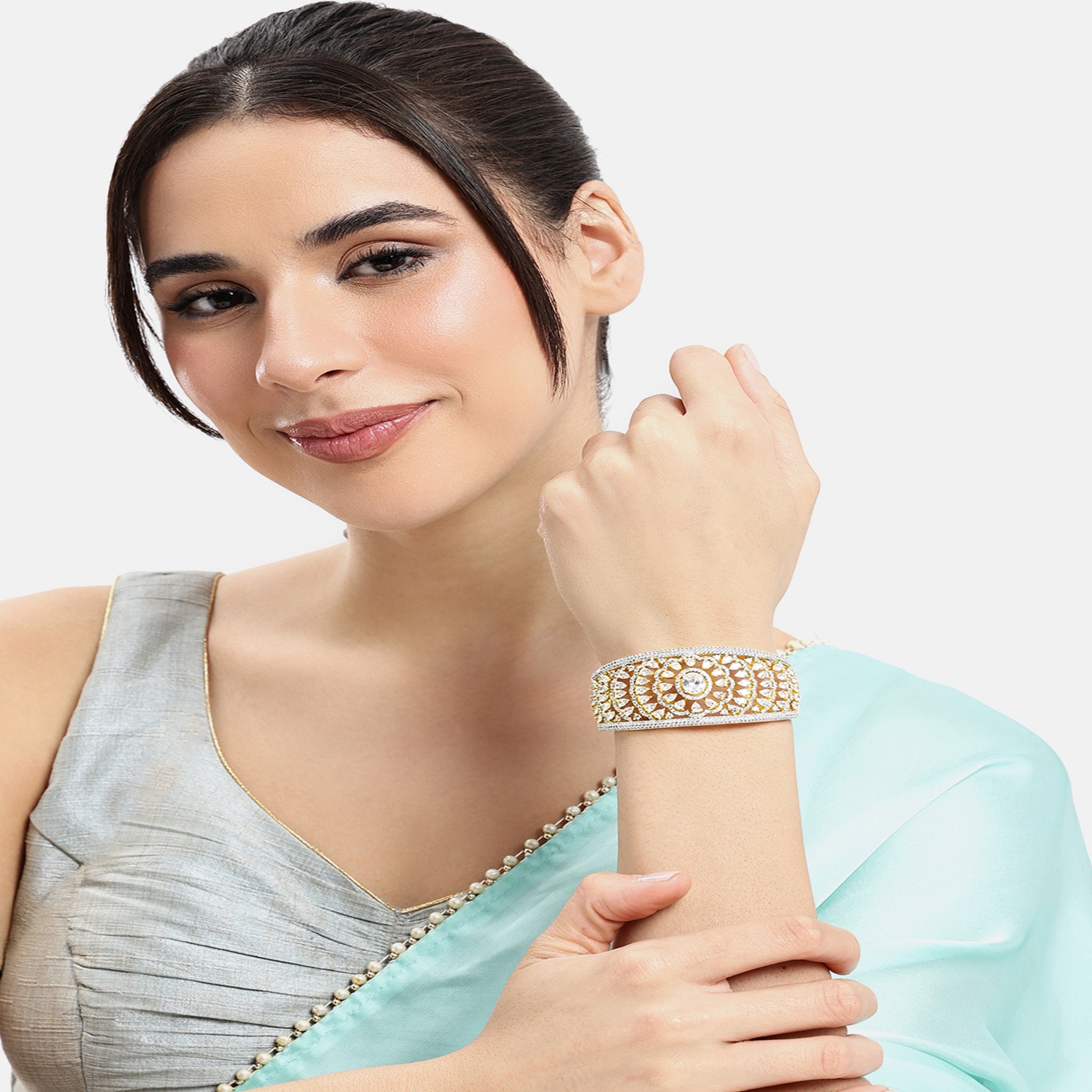 Women Cubic Zirconia Gold-Plated Kada Bracelet-White
