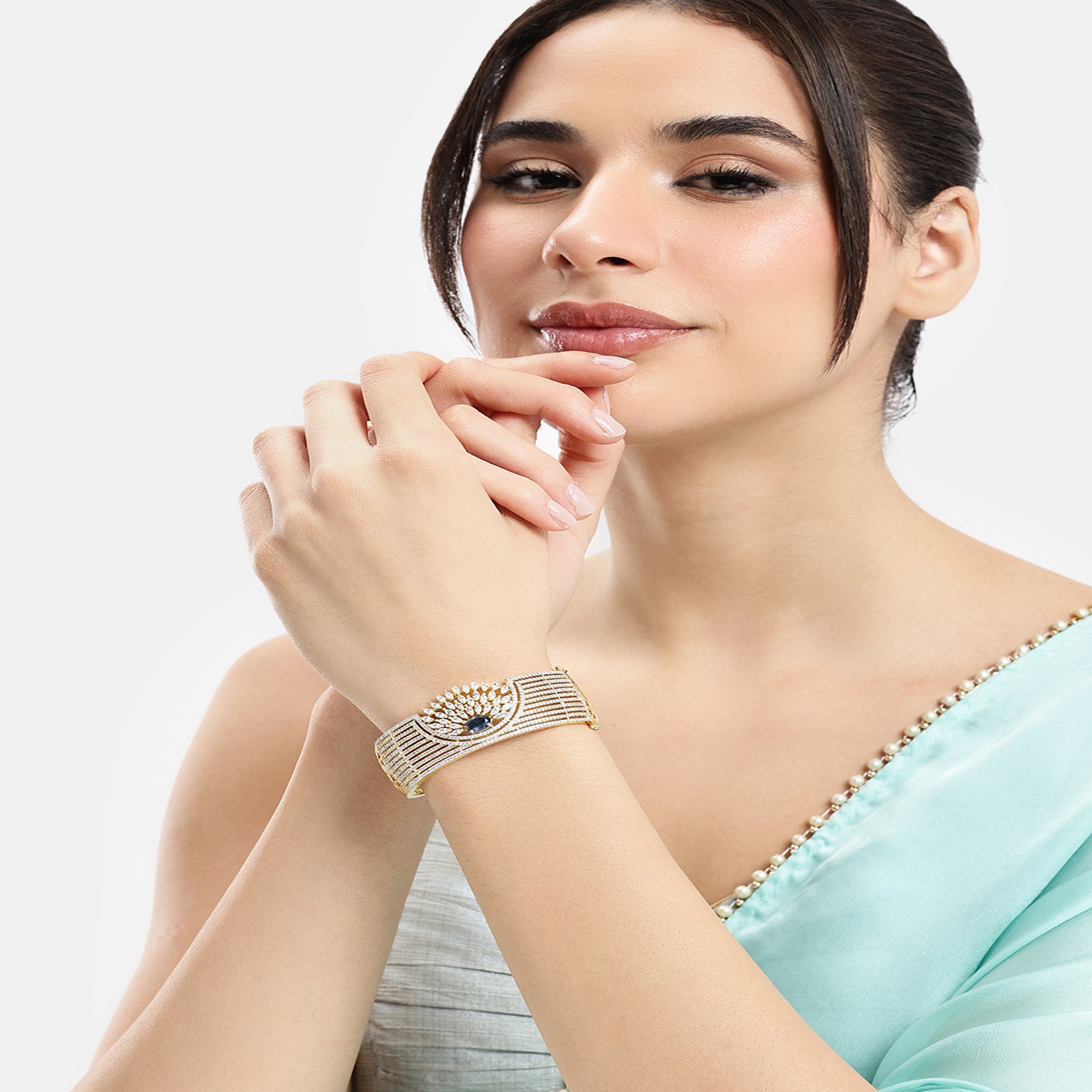 Women Cubic Zirconia Gold-Plated Kada Bracelet-Blue