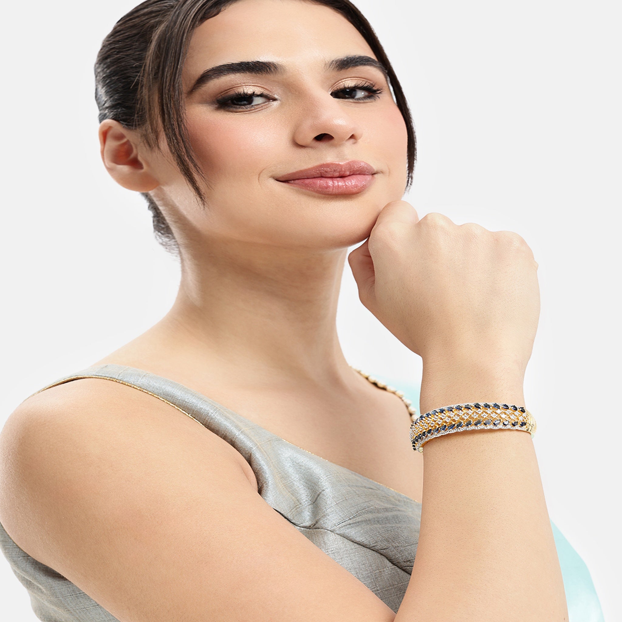 Women Cubic Zirconia Gold-Plated Kada Bracelet-Blue