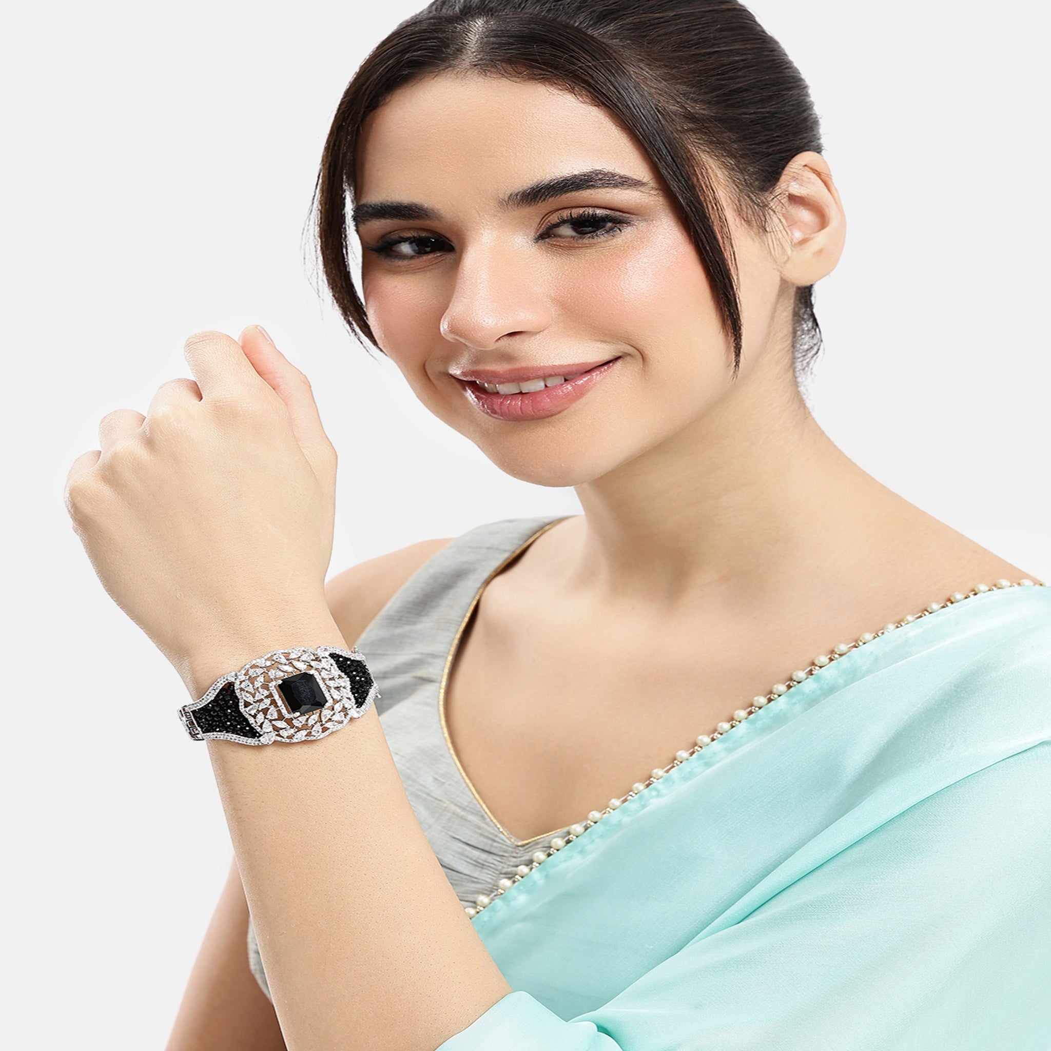 Women Cubic Zirconia Handcrafted Rhodium-Plated Kada Bracelet-Black