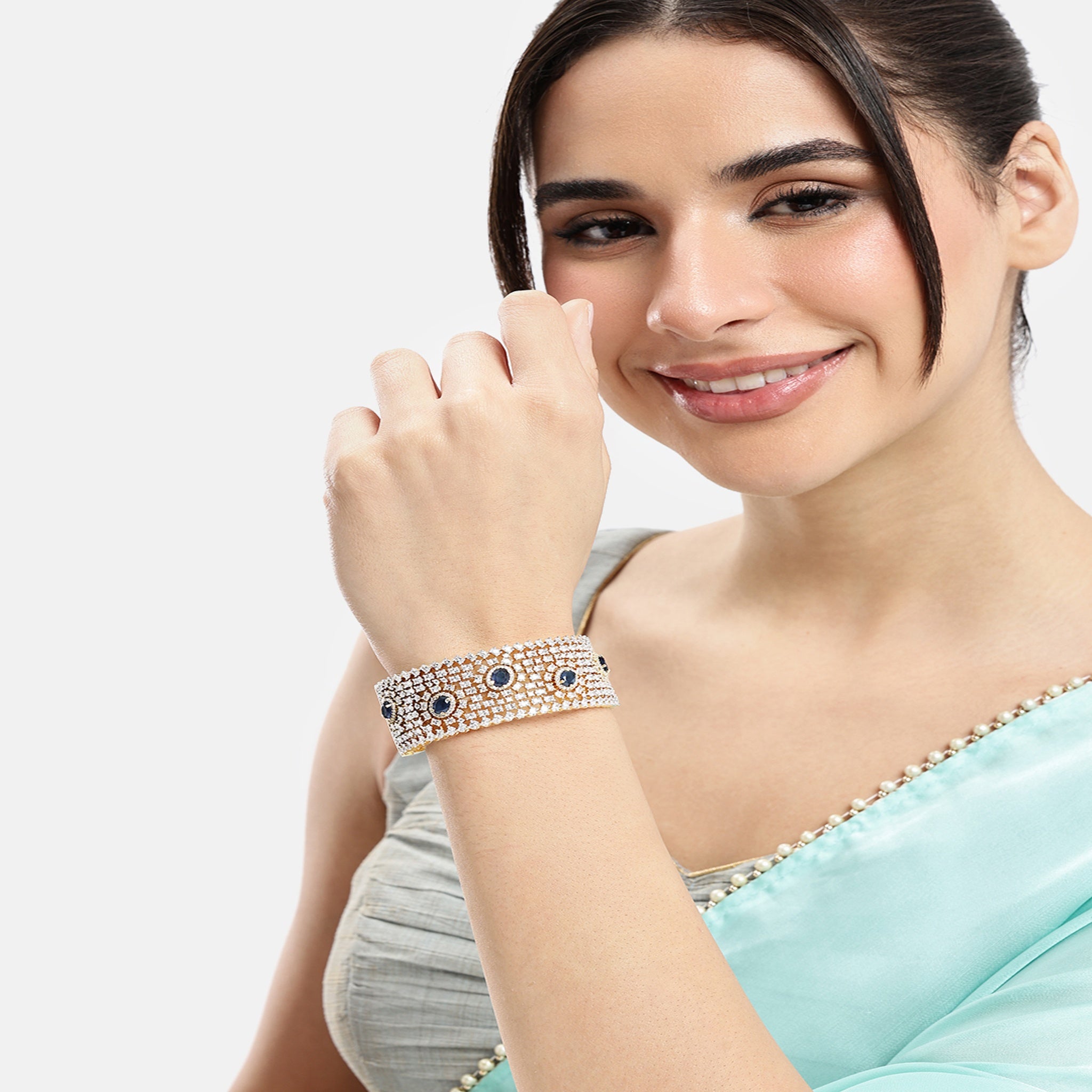 Women Cubic Zirconia Gold-Plated Kada Bracelet-Blue