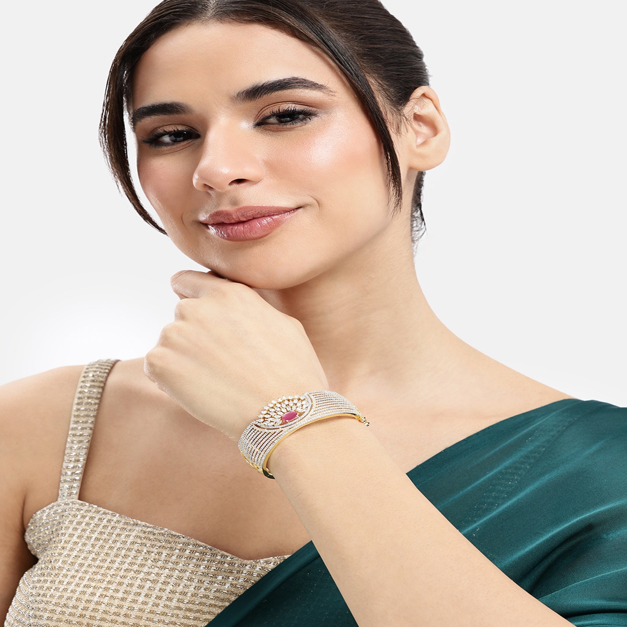 Women Cubic Zirconia Gold-Plated Kada Bracelet-Ruby