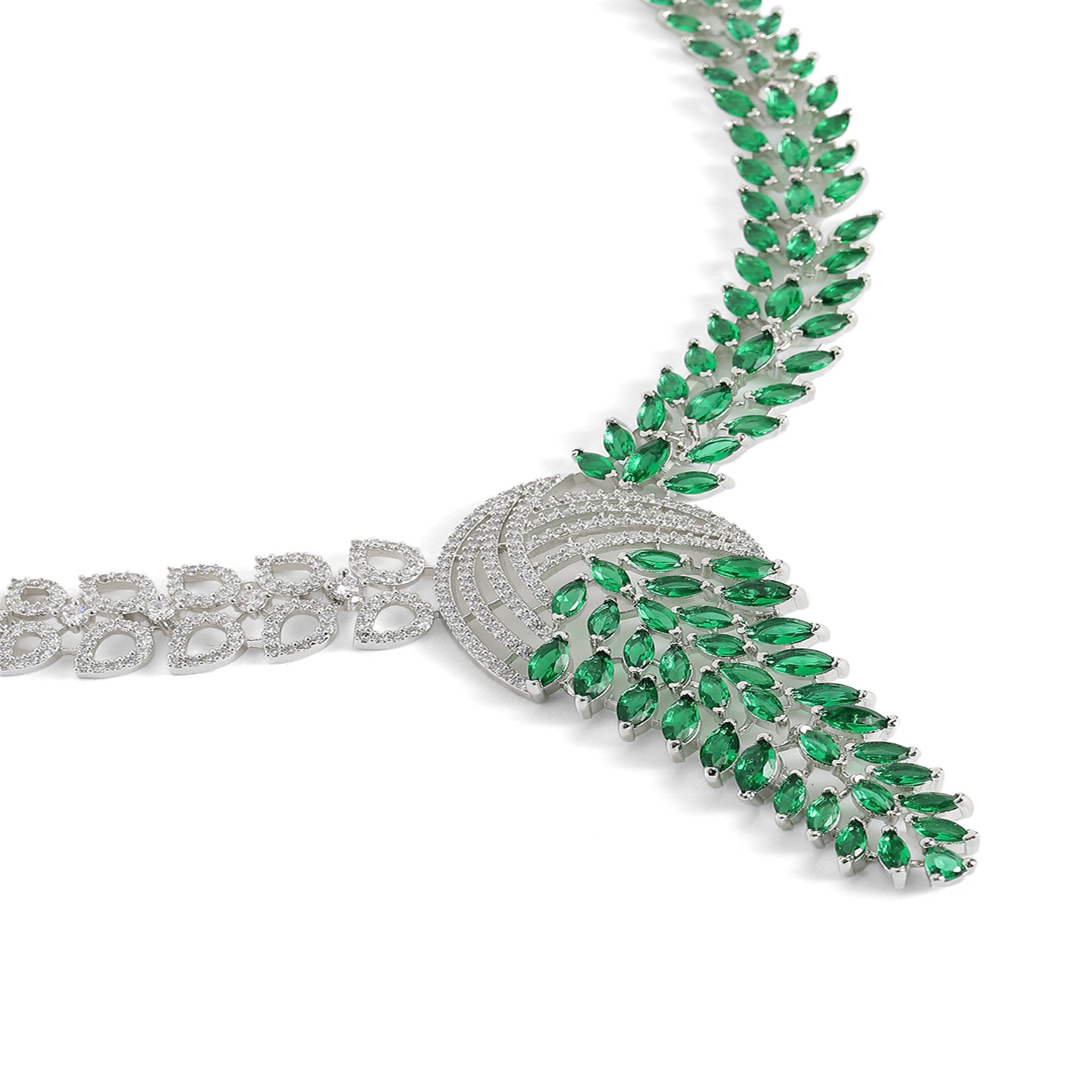 Rhodium-Plated White & Green AD-Studded Jewellery Set