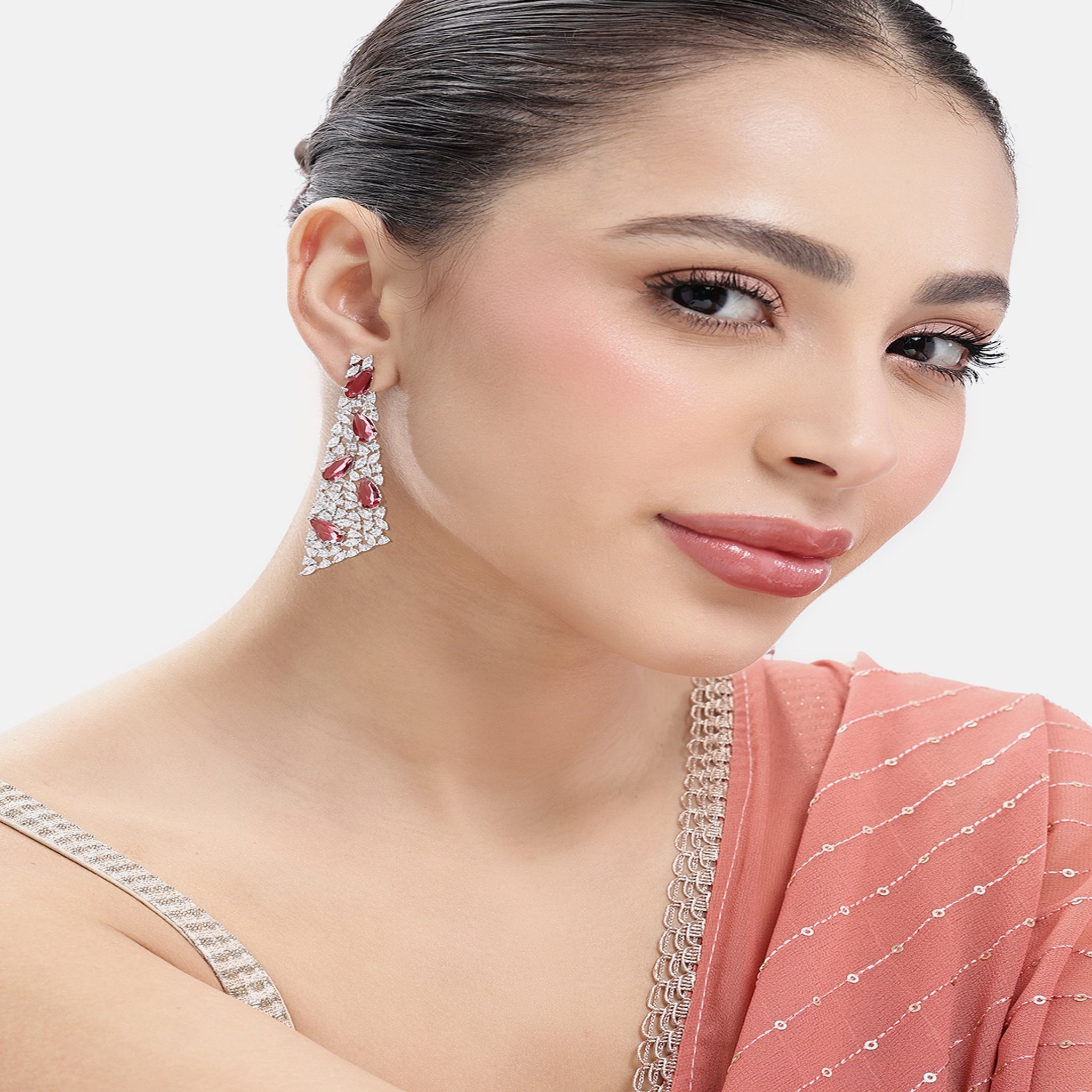 Silver-Toned American Diamonds Rani Pink Drop Earrings