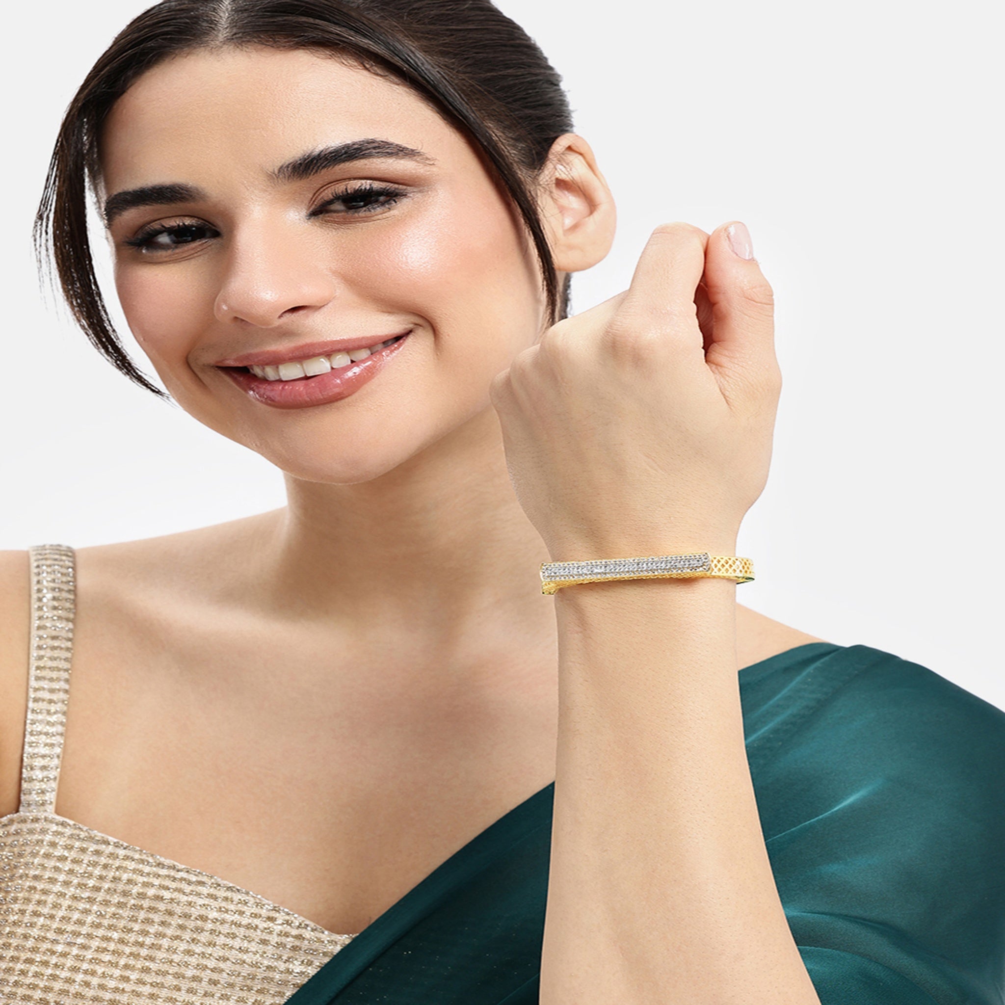Women Cubic Zirconia Gold-Plated Kada Bracelet-2Tone