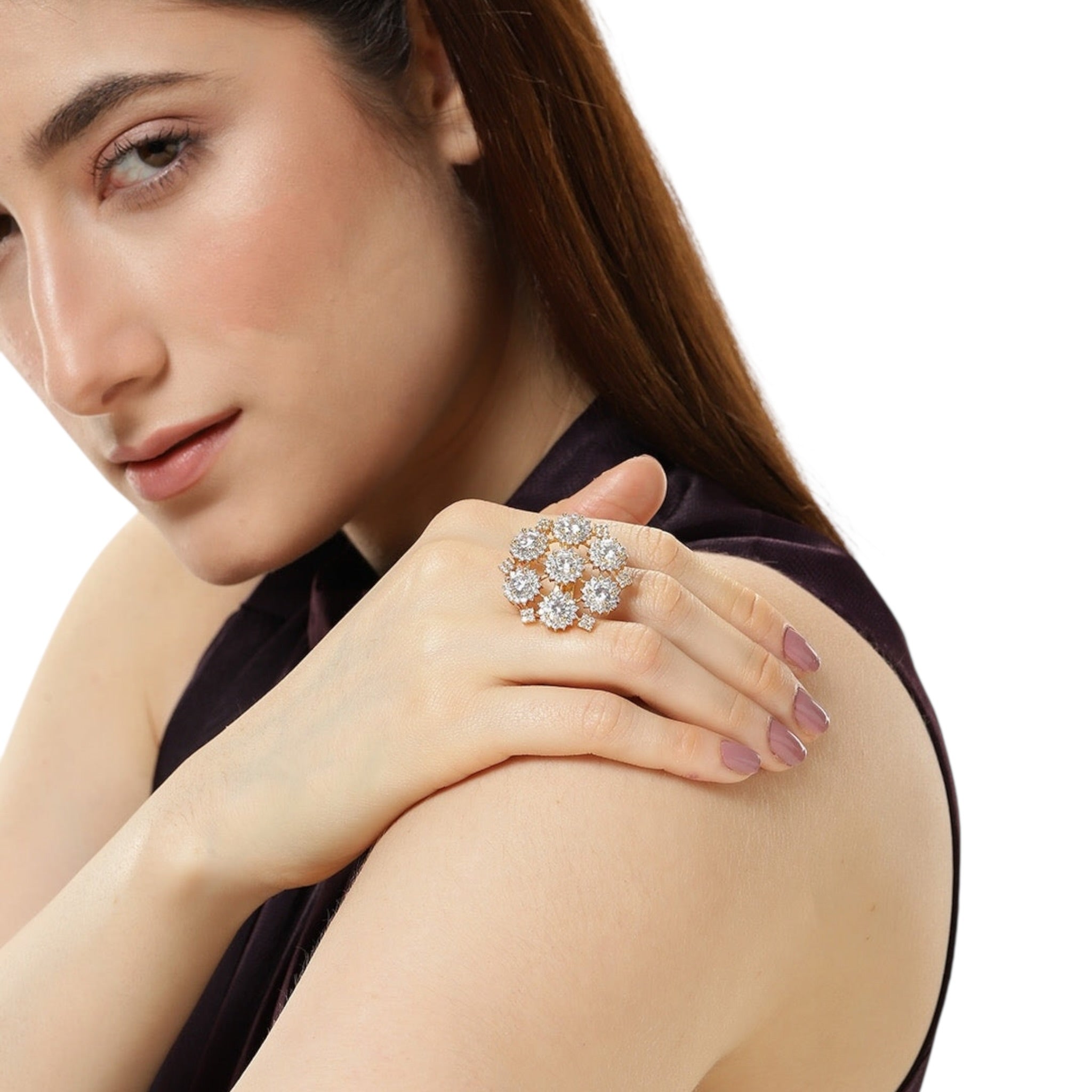 Lavish Giftz Gold Plated Selena Adjustable Cubic Zirconia Classic Statement Ring