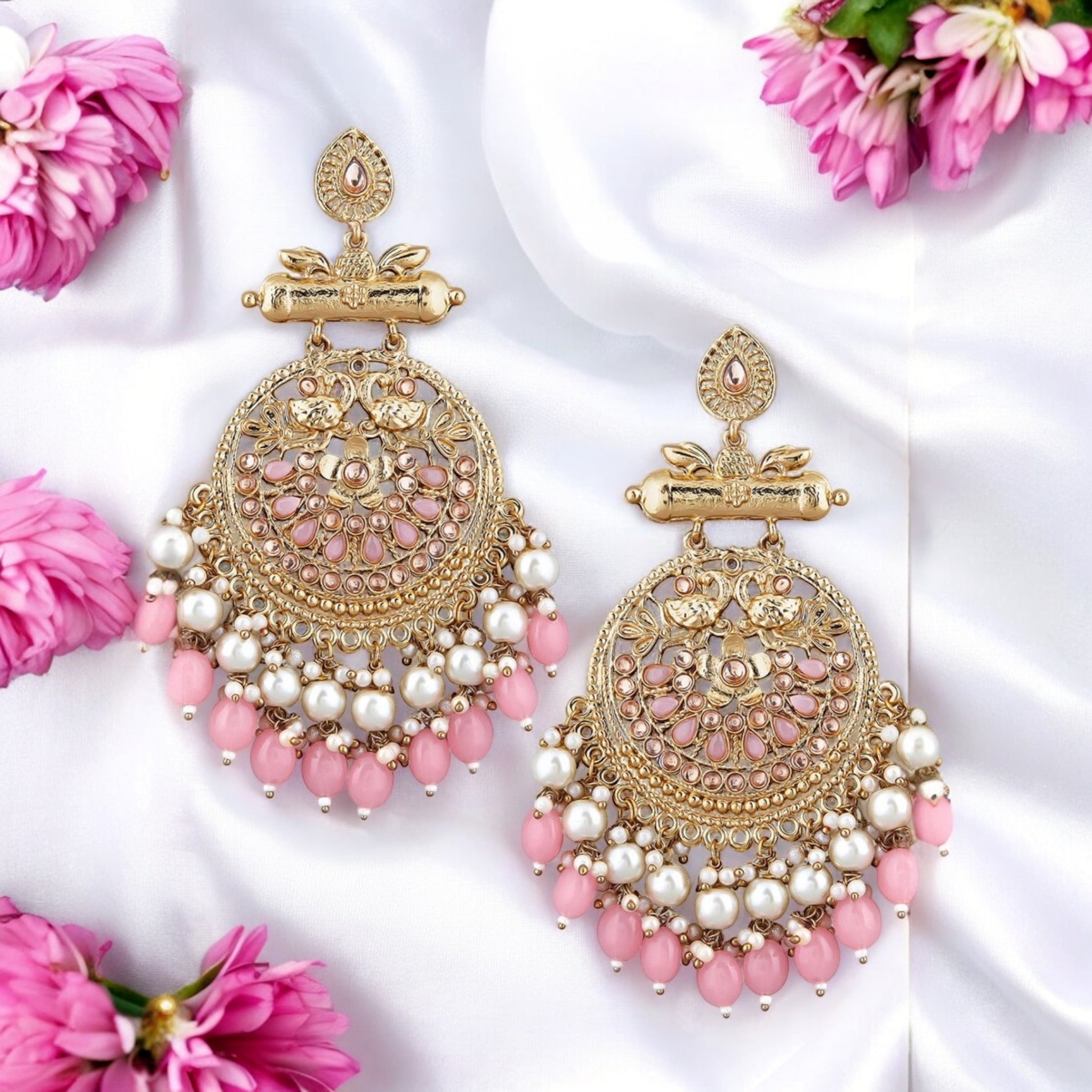 Lavish Giftz Gold Plated Pink Beads Chandbali Earrings