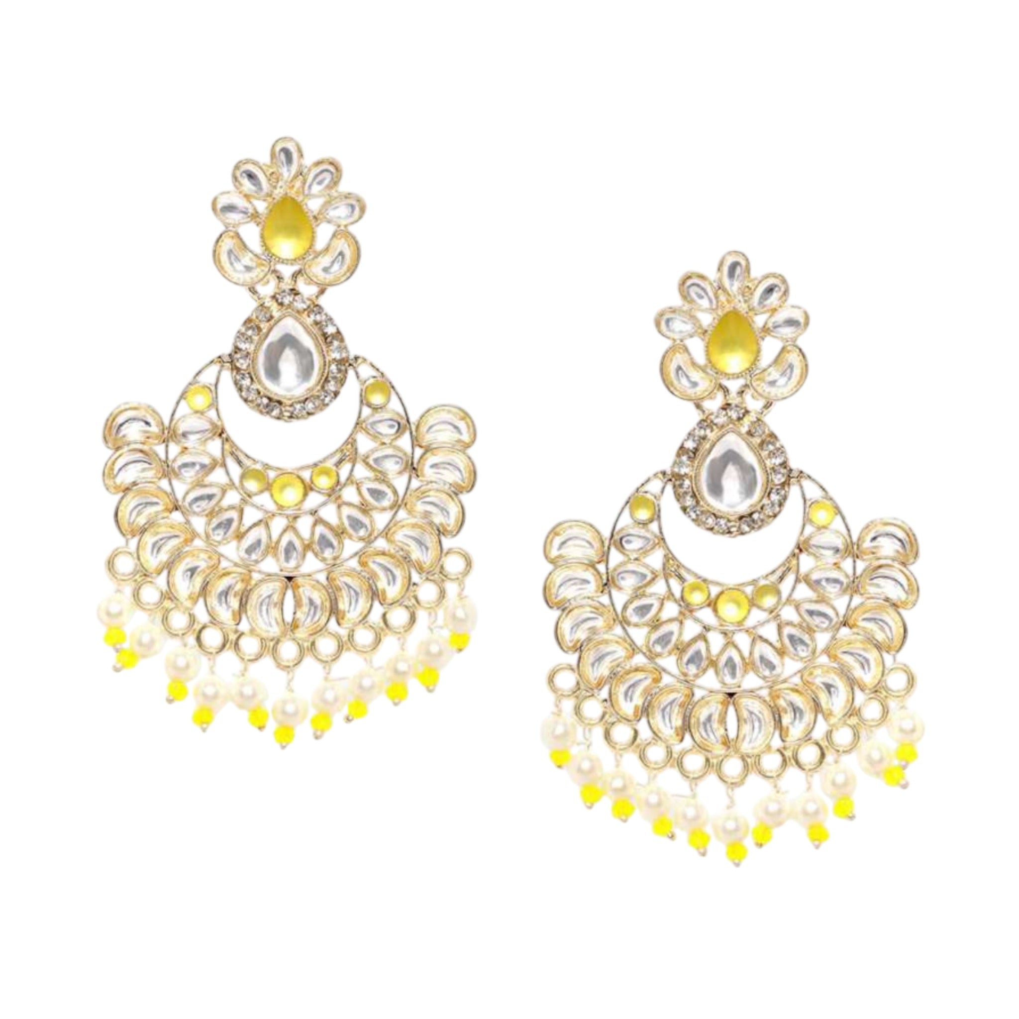 Lavish Giftz Gold Plated Yellow Beads Kundan Chandbali Earrings