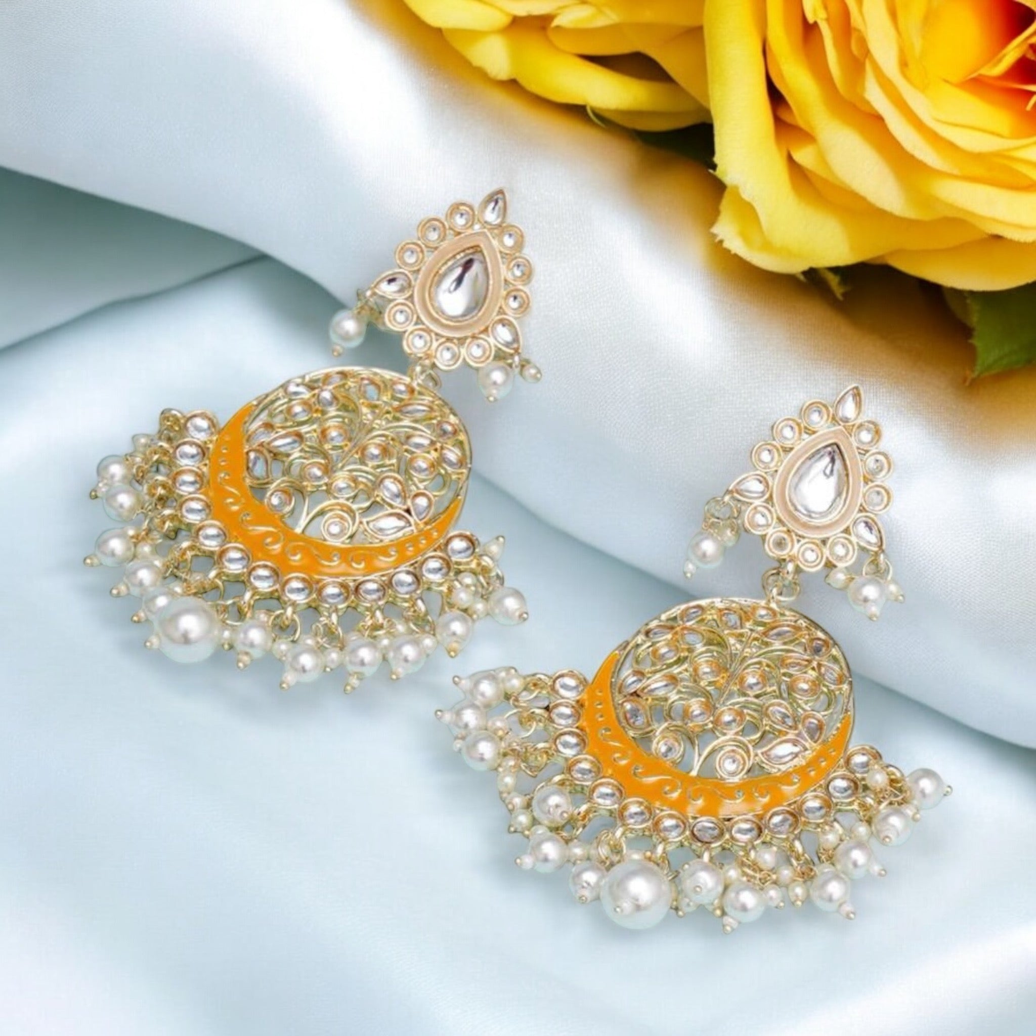 Lavish Giftz Gold Plated Yellow & White Gold-Plated Pearl Classic Chandbalis Earrings