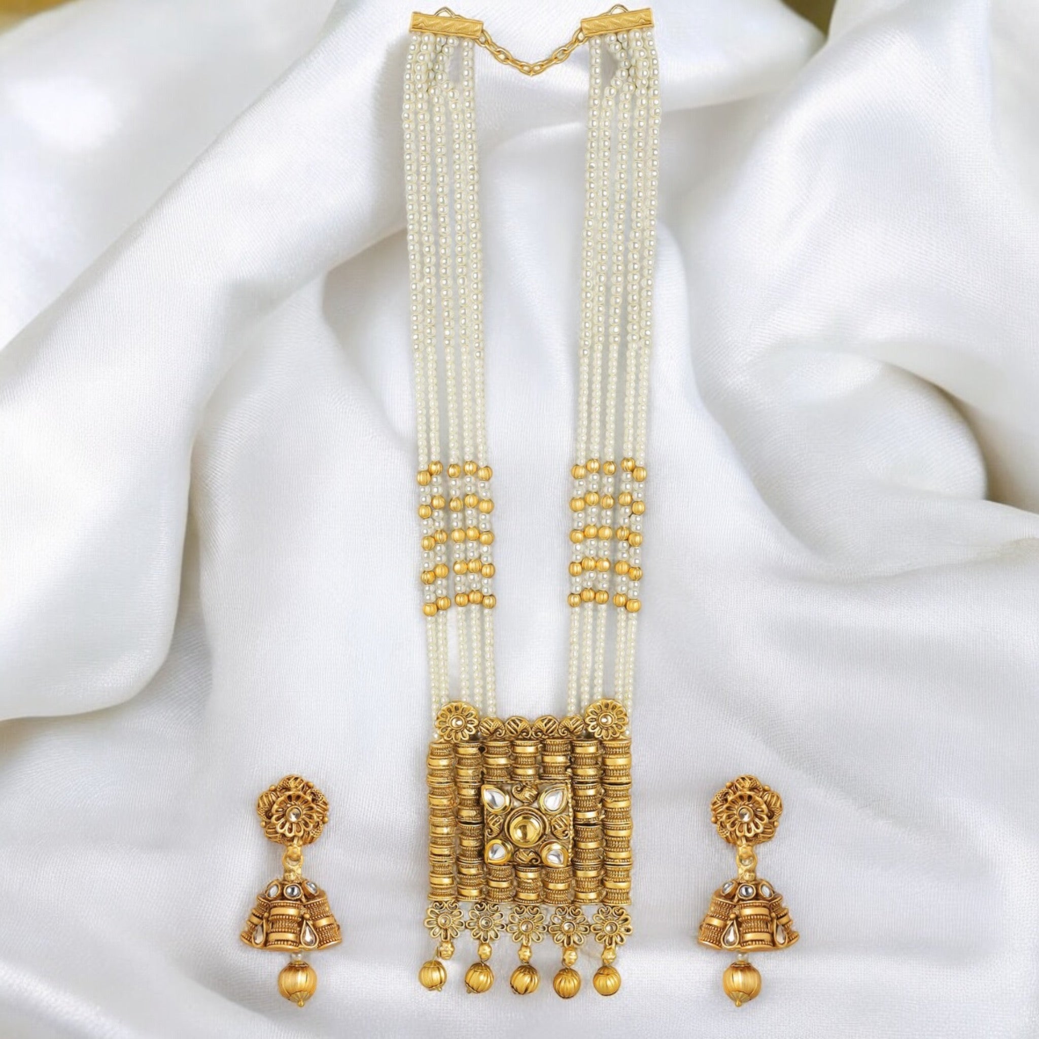 Lavish Giftz Gold Plated Multistranded Antique Kundan Studded Pearl Beaded Handcrafted Necklace Set