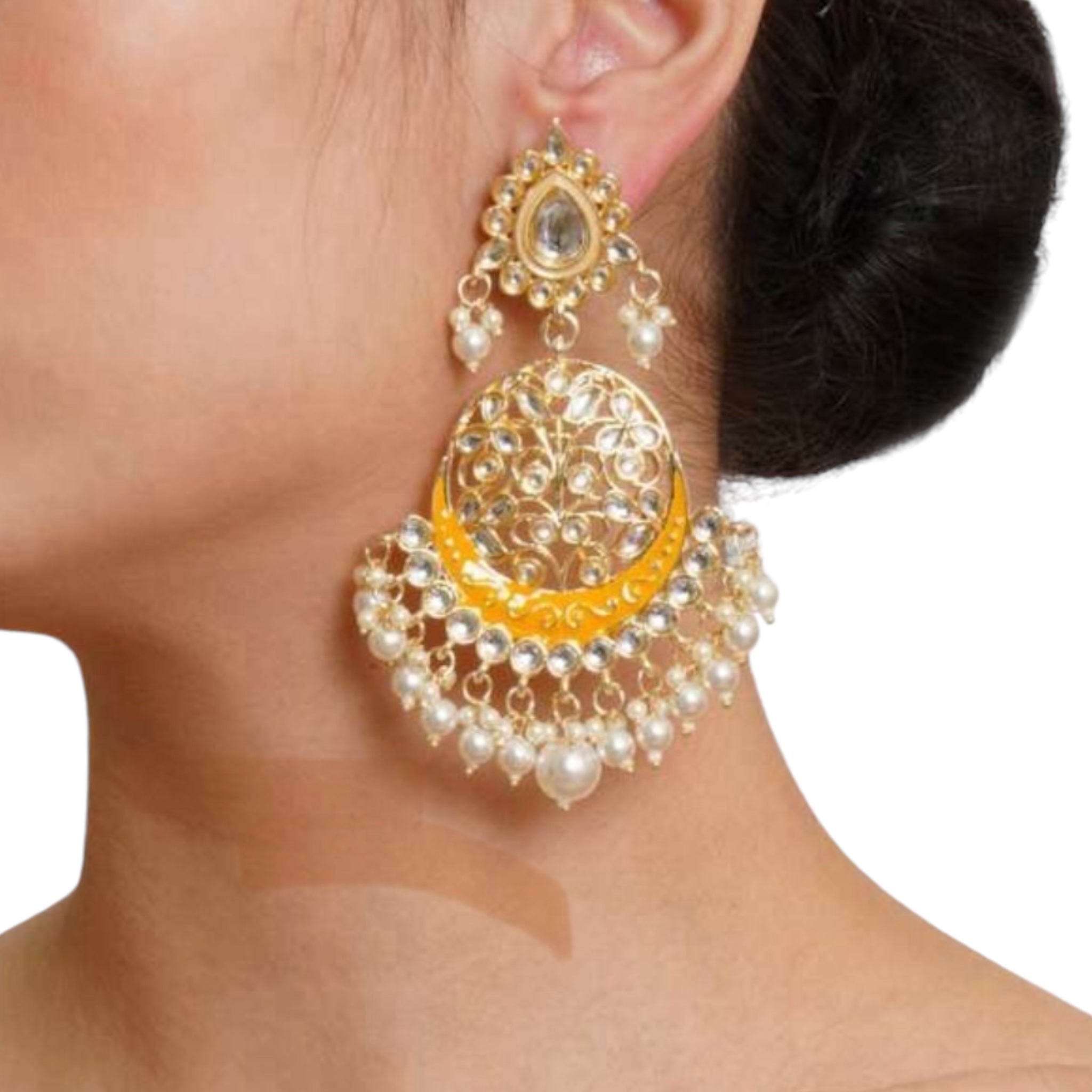 Lavish Giftz Gold Plated Yellow & White Gold-Plated Pearl Classic Chandbalis Earrings