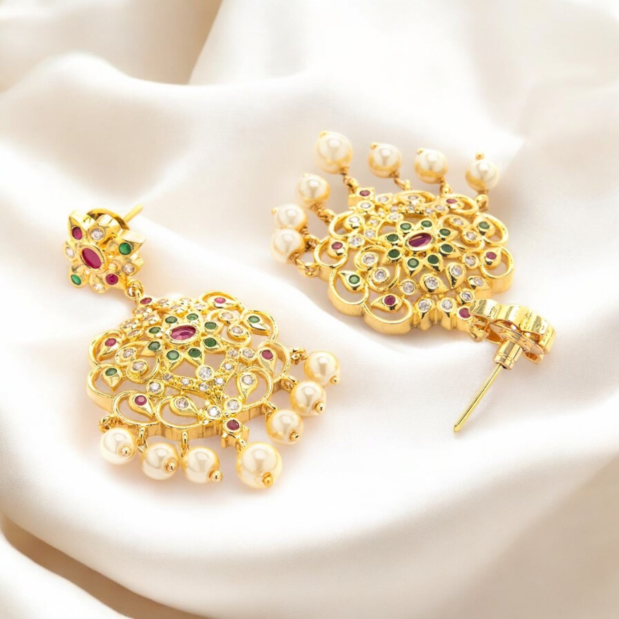 Lavish Giftz Gold Plated Ruby & Cubic Zirconia Multistranded Handcrafted Necklace Set With Pearl Accents