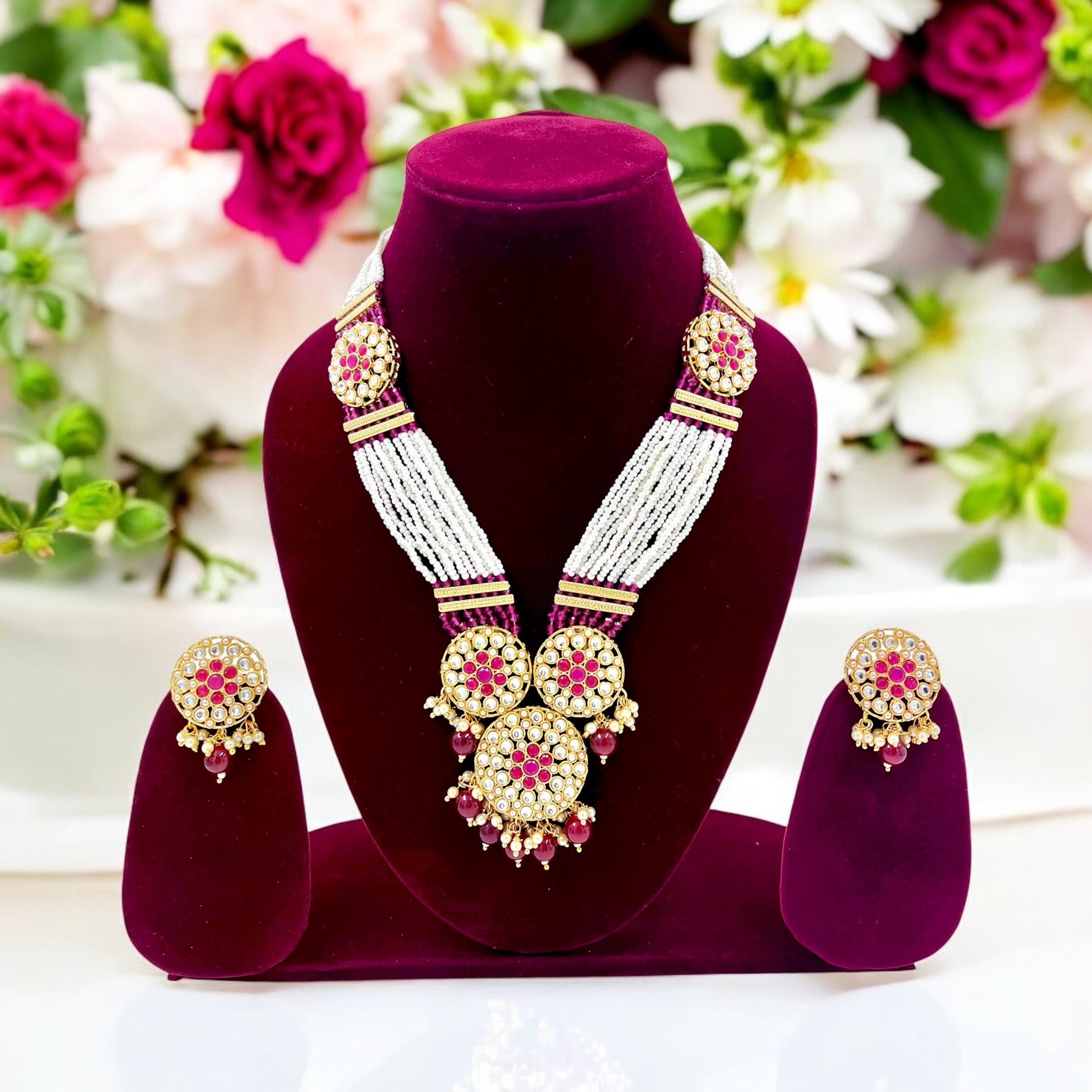 Lavish Giftz Gold Plated Antique Multistrand Pearl Necklace Set With Ruby Colored Stones