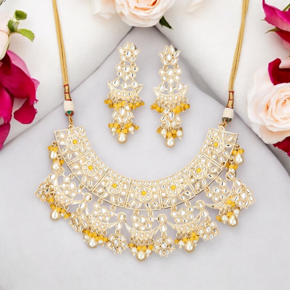 Lavish Giftz Cresent Kundan Pearl Gold Plated Yellow Necklace Set