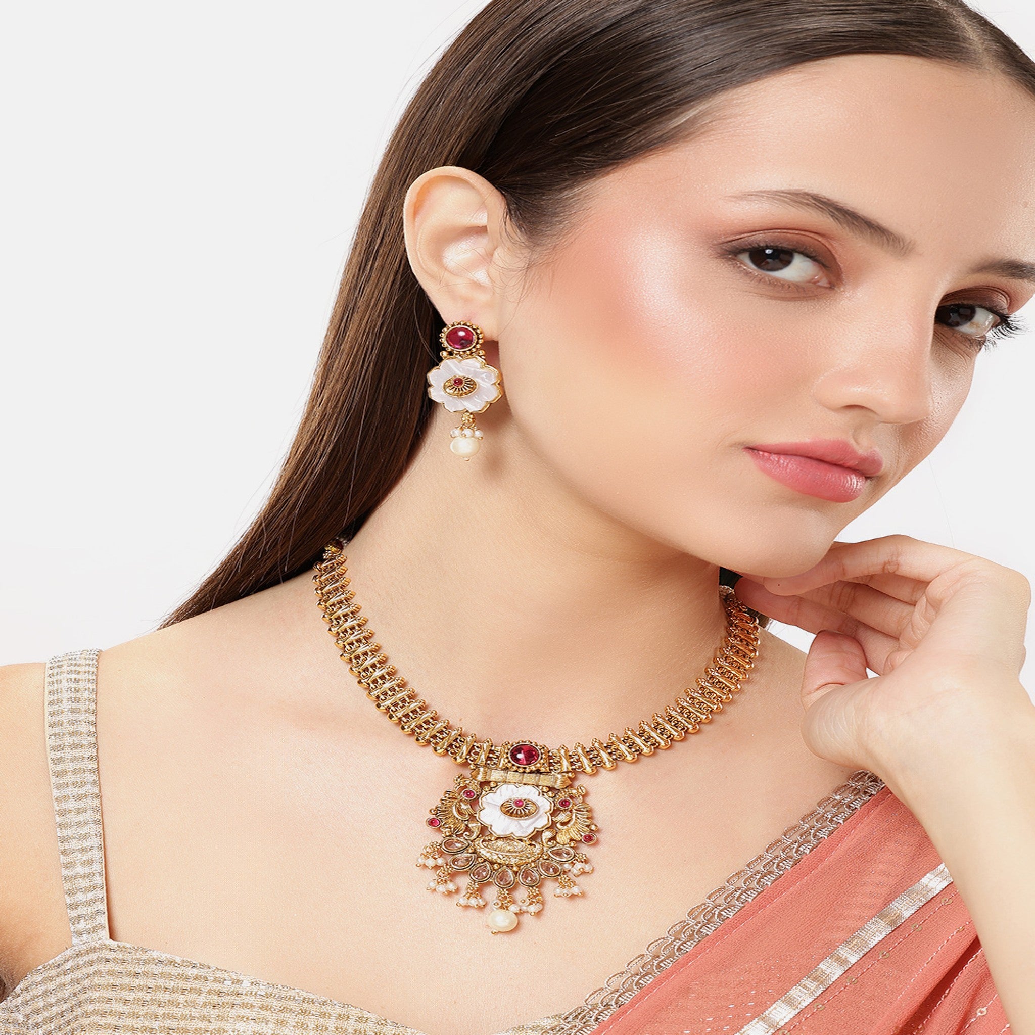 Gold Plated Mother Of Pearl Ruby Necklace Set