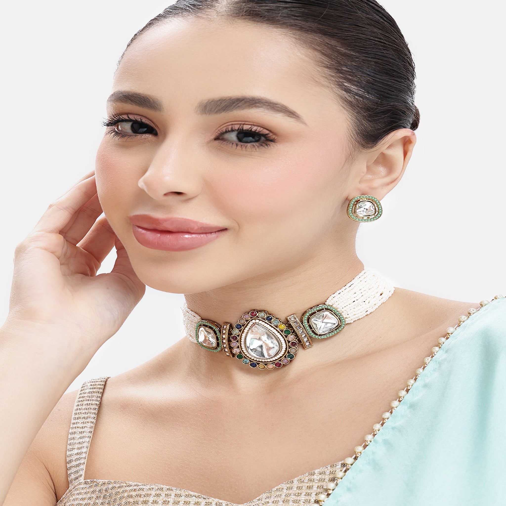Antique Beaded Multi-Color Choker Necklace Set