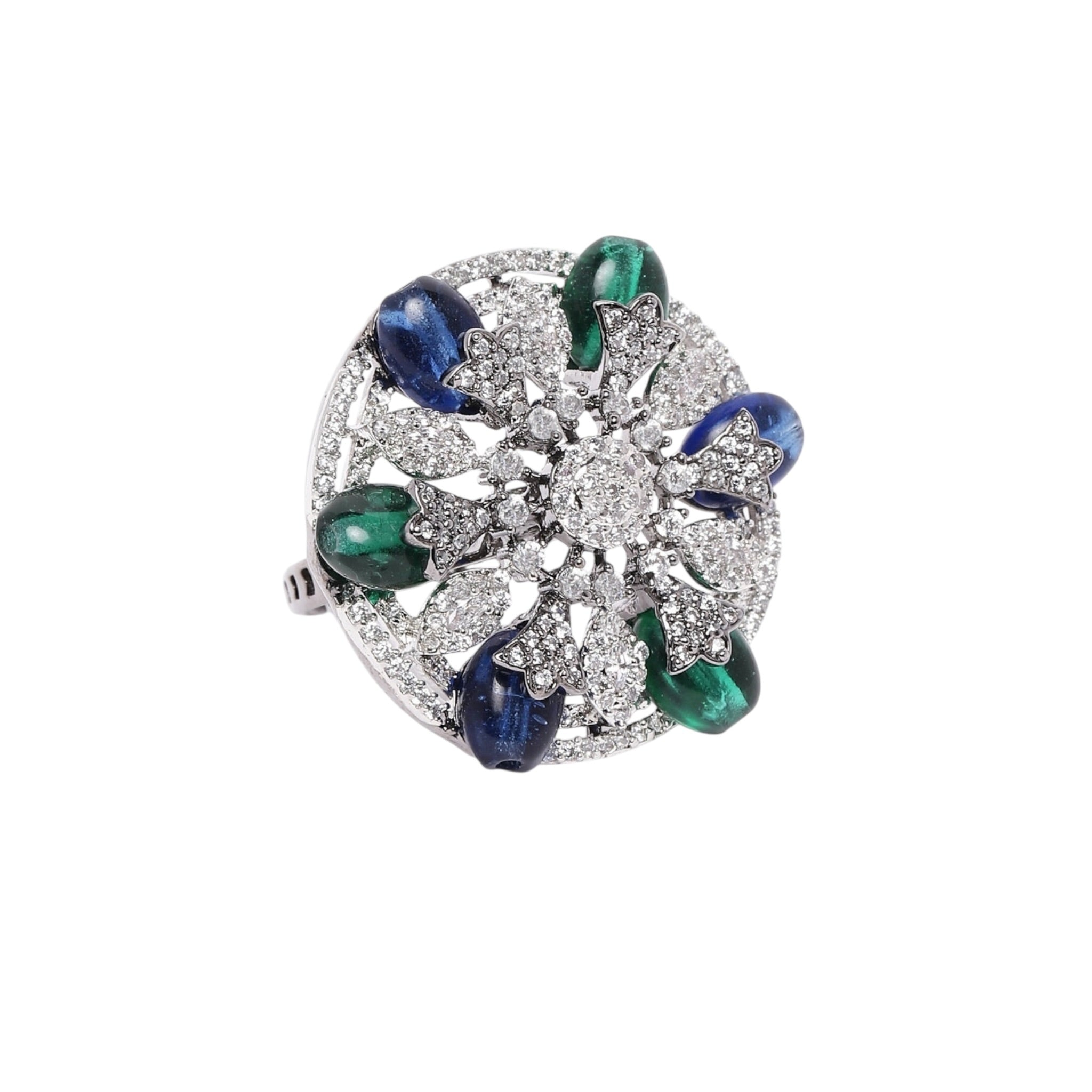Lavish Giftz Adjustable Cubic Zirconia Blue Green Statement Ring With Black Plating