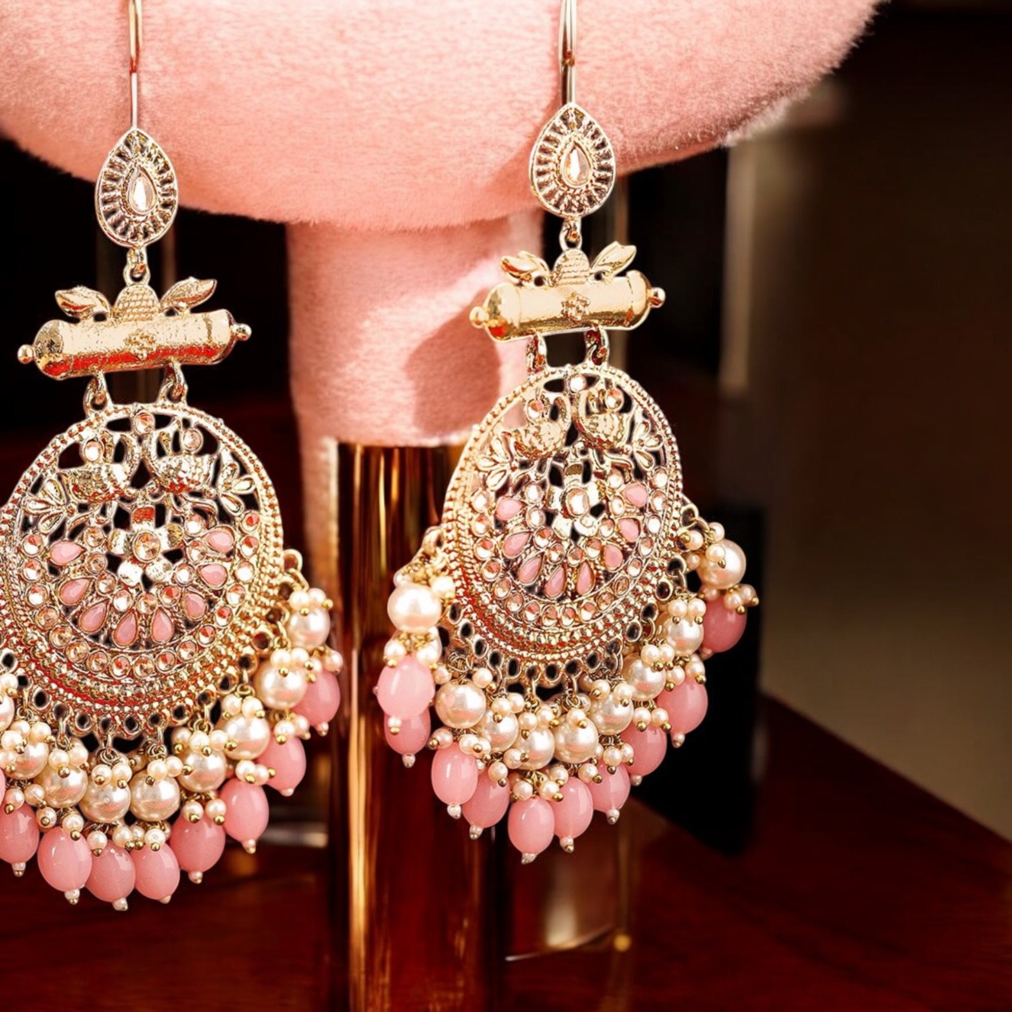 Lavish Giftz Gold Plated Pink Beads Chandbali Earrings