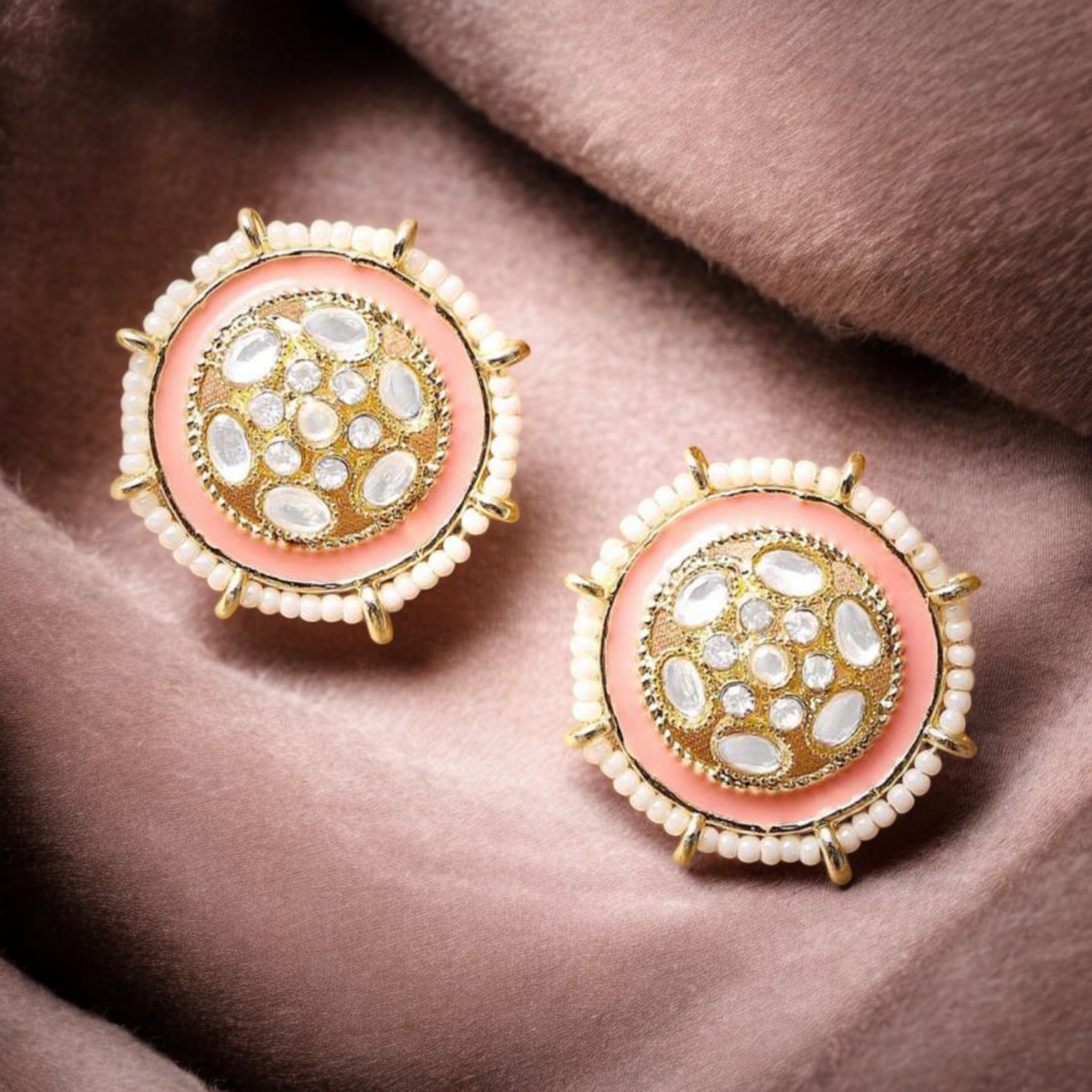 Lavish Giftz 18k Gold Off-White and Pink Enamel Circular Kundan Stud Earrings