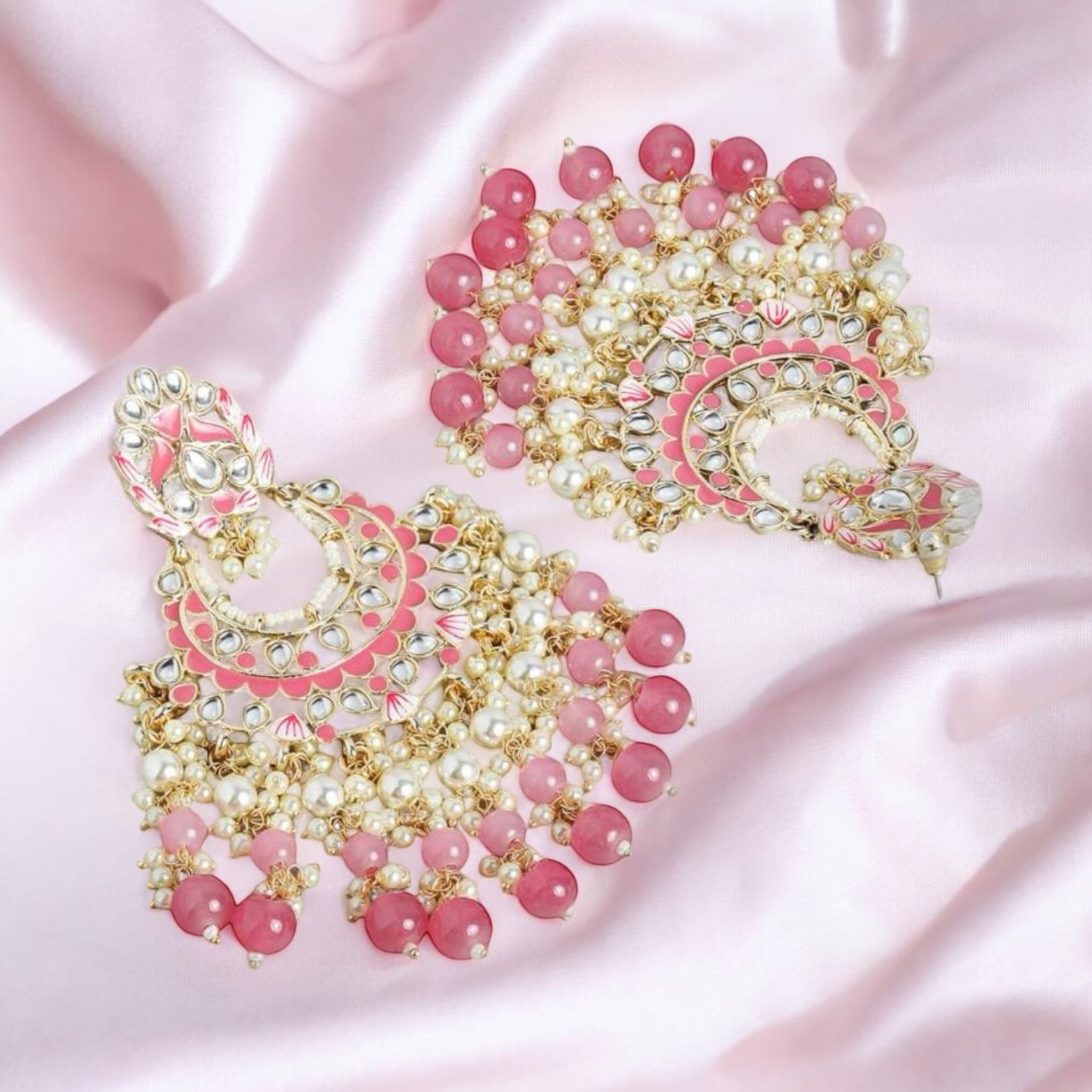 Lavish Giftz Gold-Plated Pink & Pearl Beaded Kundan Handcrafted Chandbalis