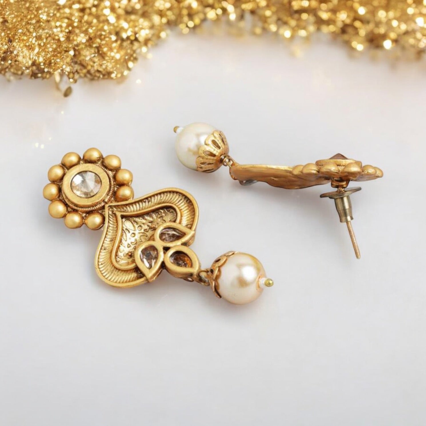 Lavish Giftz Gold Plated Multistranded Antique Kundan and White Stone Studded Handcrafted Necklace Set