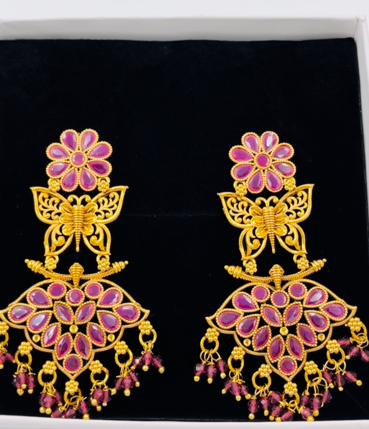 Lavish Giftz Gold Plated Antique Butterfly Design Ruby Pink Long Earrings