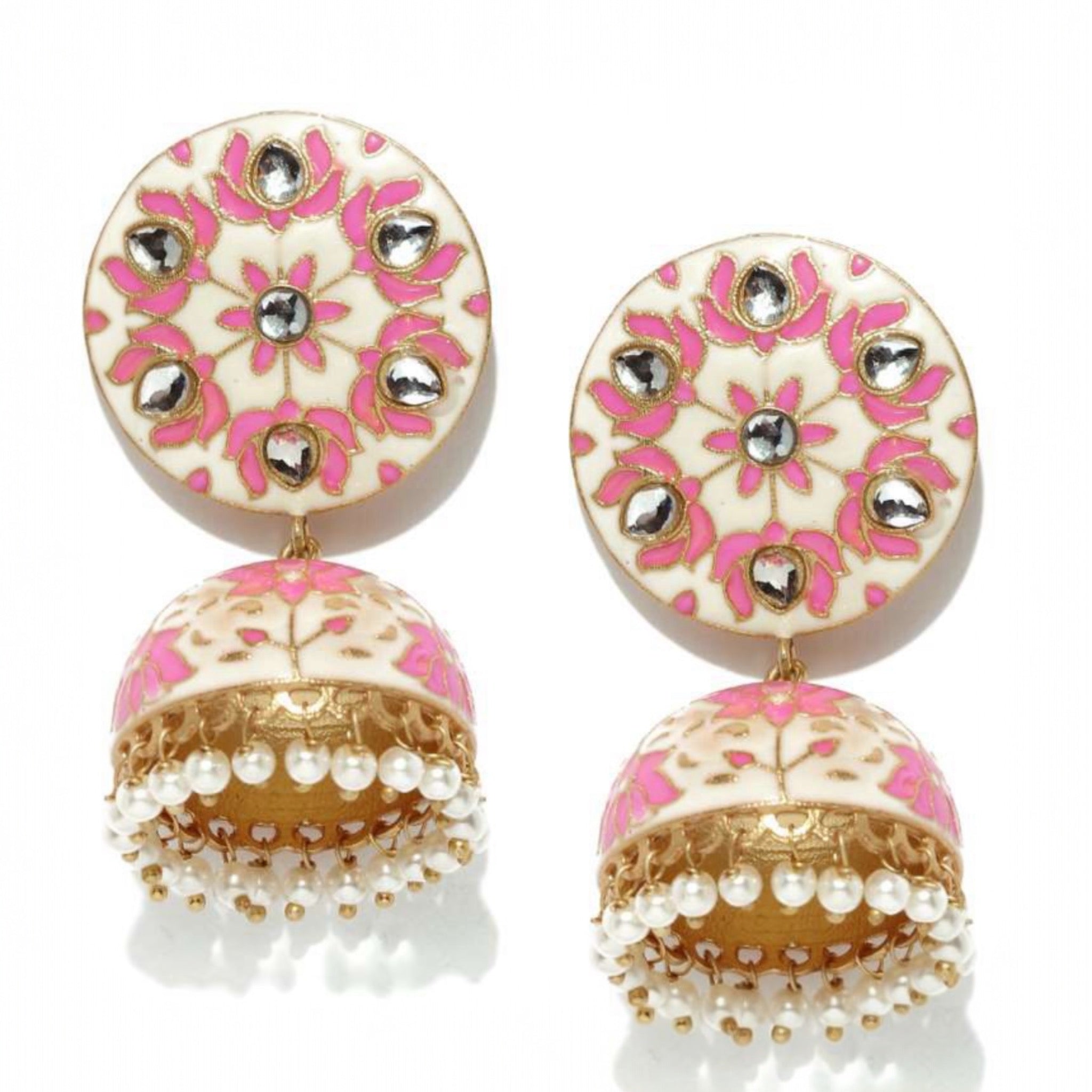 Lavish Giftz Gold Plated Off-White and Pink Enamelled Jhumka Earrings