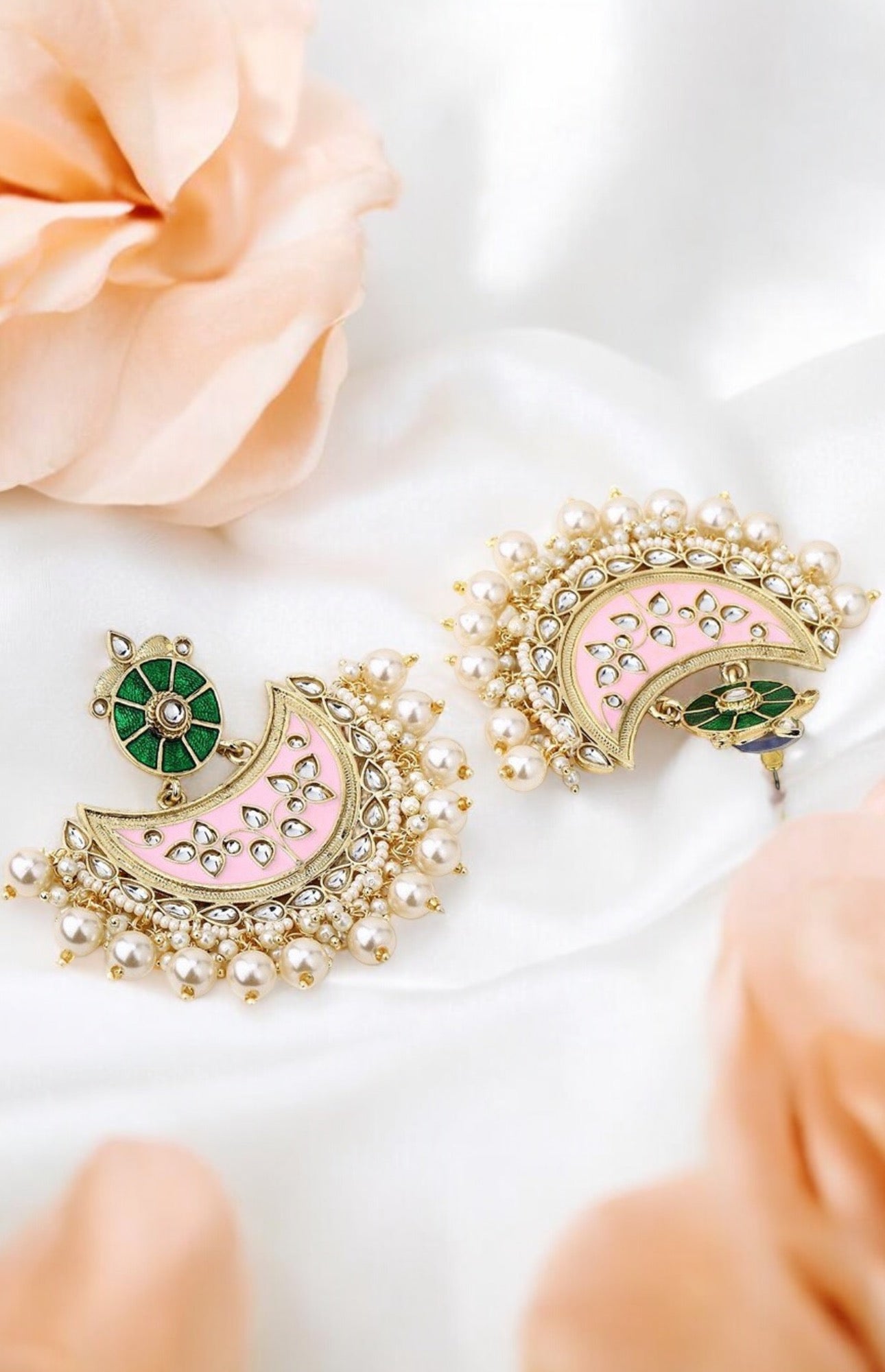 Lavish Giftz Gold Plated Pink & Green Crescent Chandbali Earrings