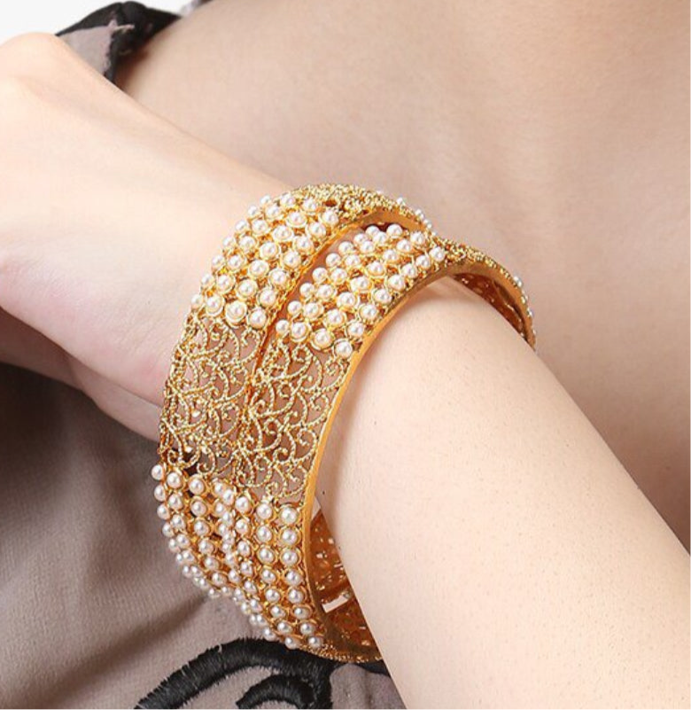 Lavish Giftz Gold Plated White Pearl Bangles - Set Of 2