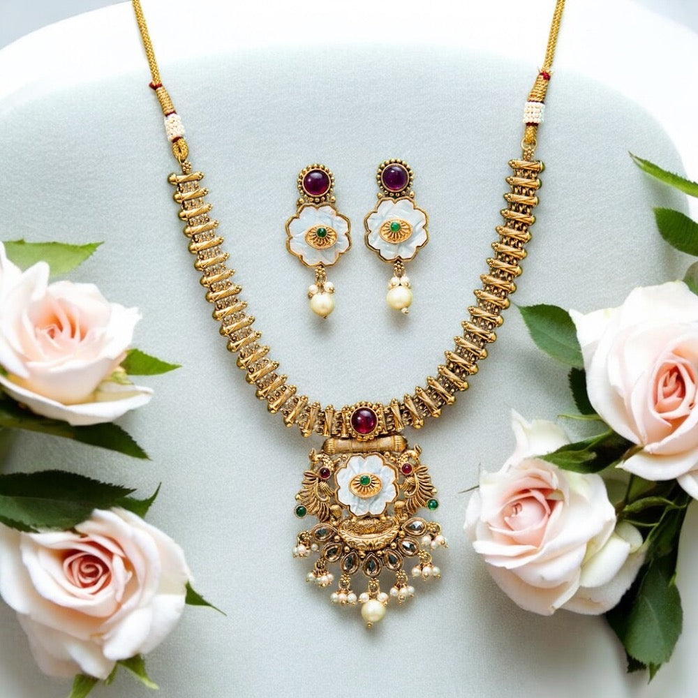 Lavish Giftz Mother of Pearl Ruby Green Antique Gold Plated Necklace Set