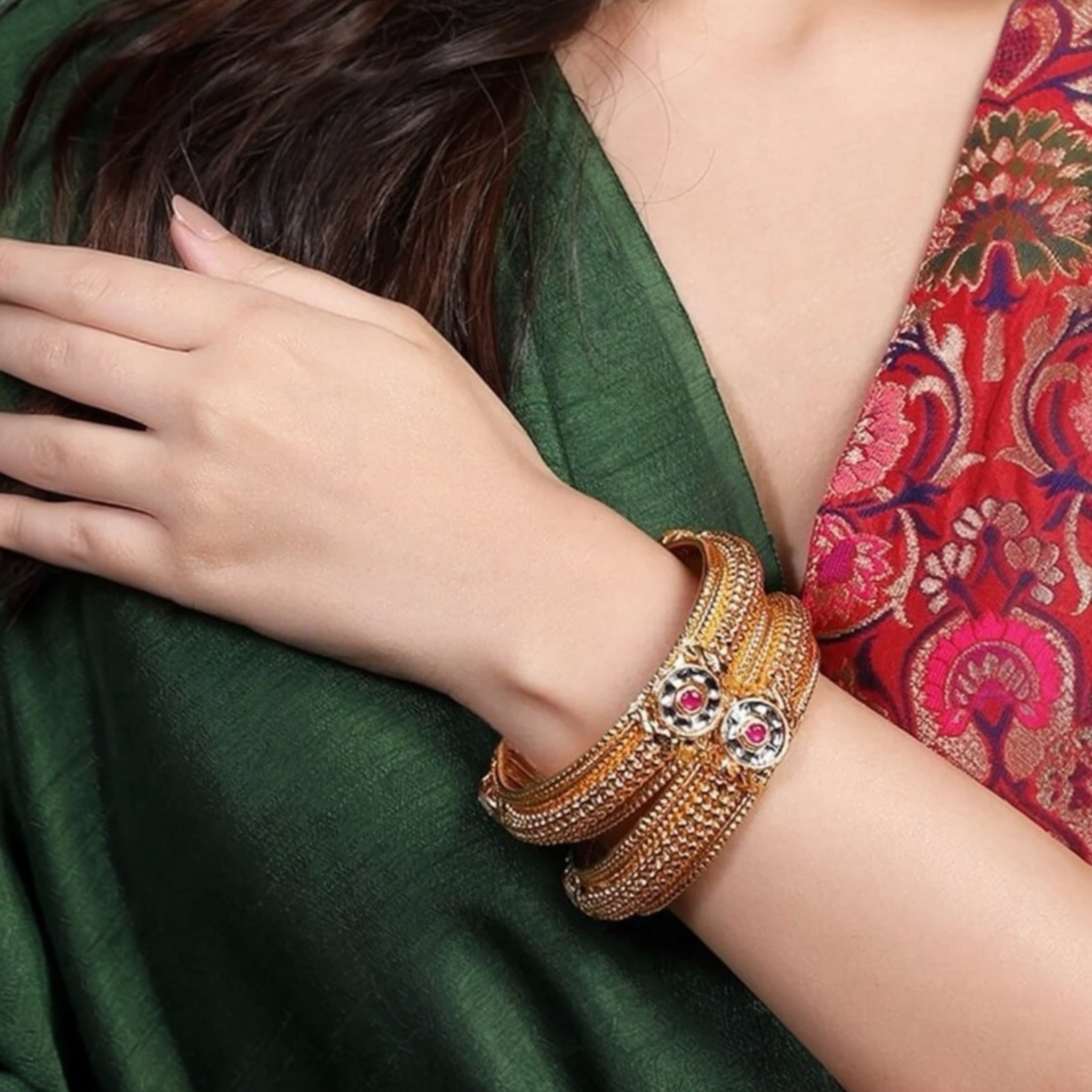 Lavish Giftz Gold-Plated Stond Studded Handcrafted Bangles - Set Of 2