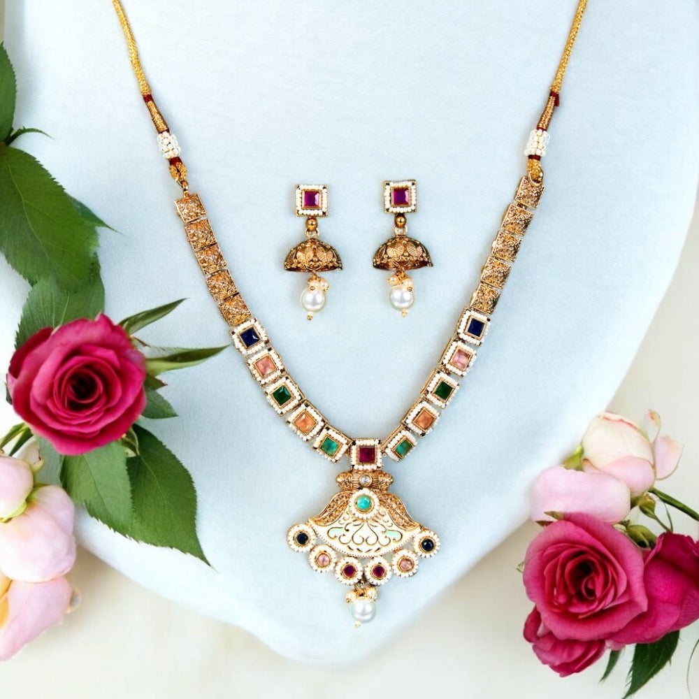 Lavish Giftz Enamelled Antique Gold Plated Multi Color Necklace Set