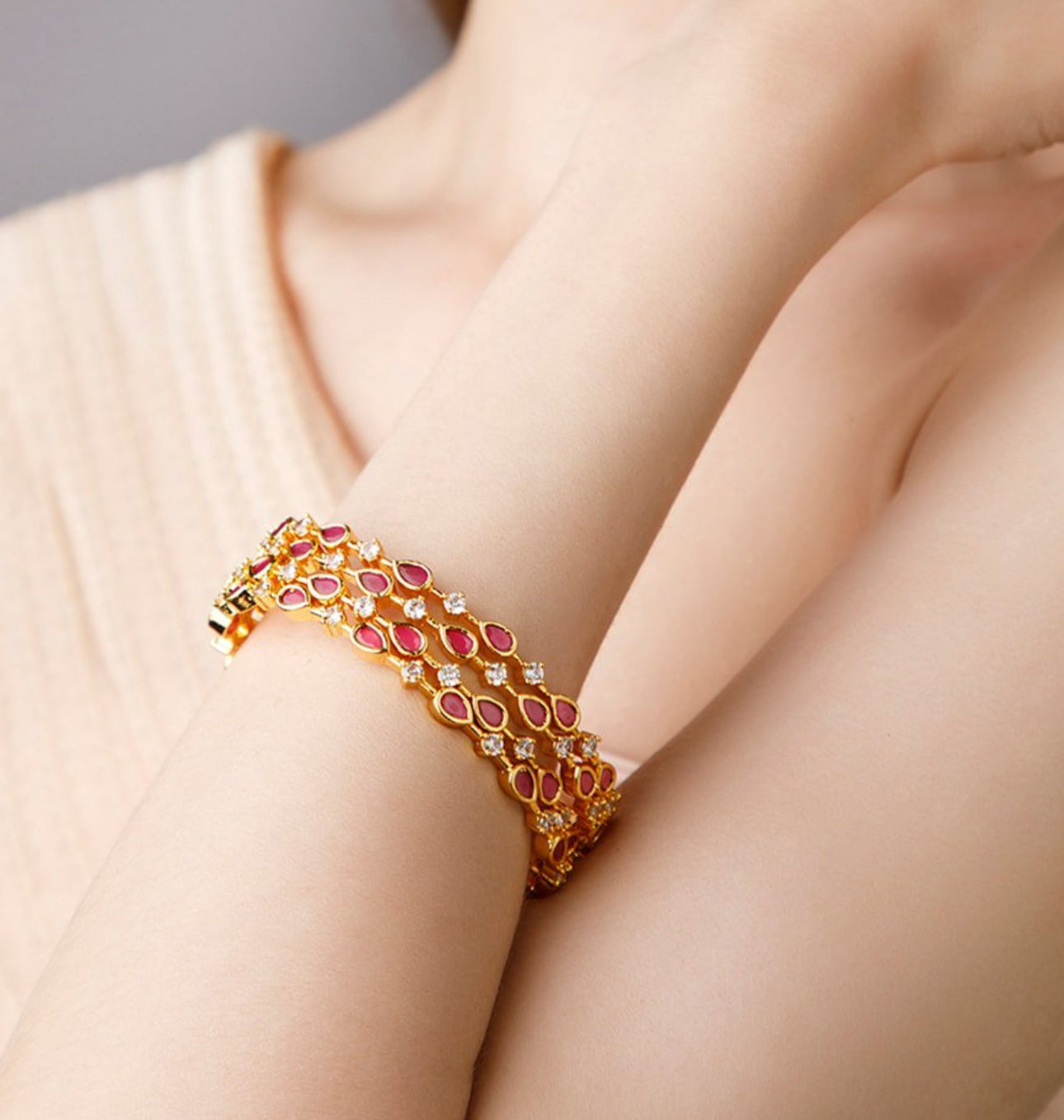 Lavish Giftz Gold Pink & White Stone Studded Handcrafted Bangles - Set Of 2