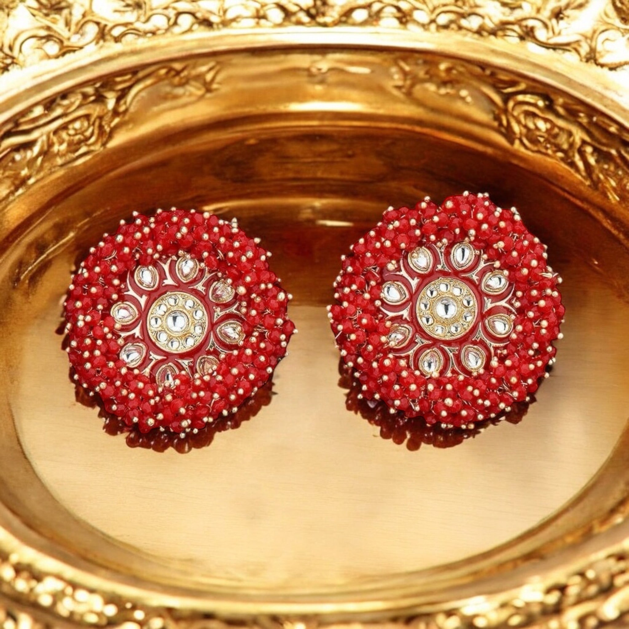 Lavish Giftz Gold Plated Indo Western Meenakari Stud Earrings - Red
