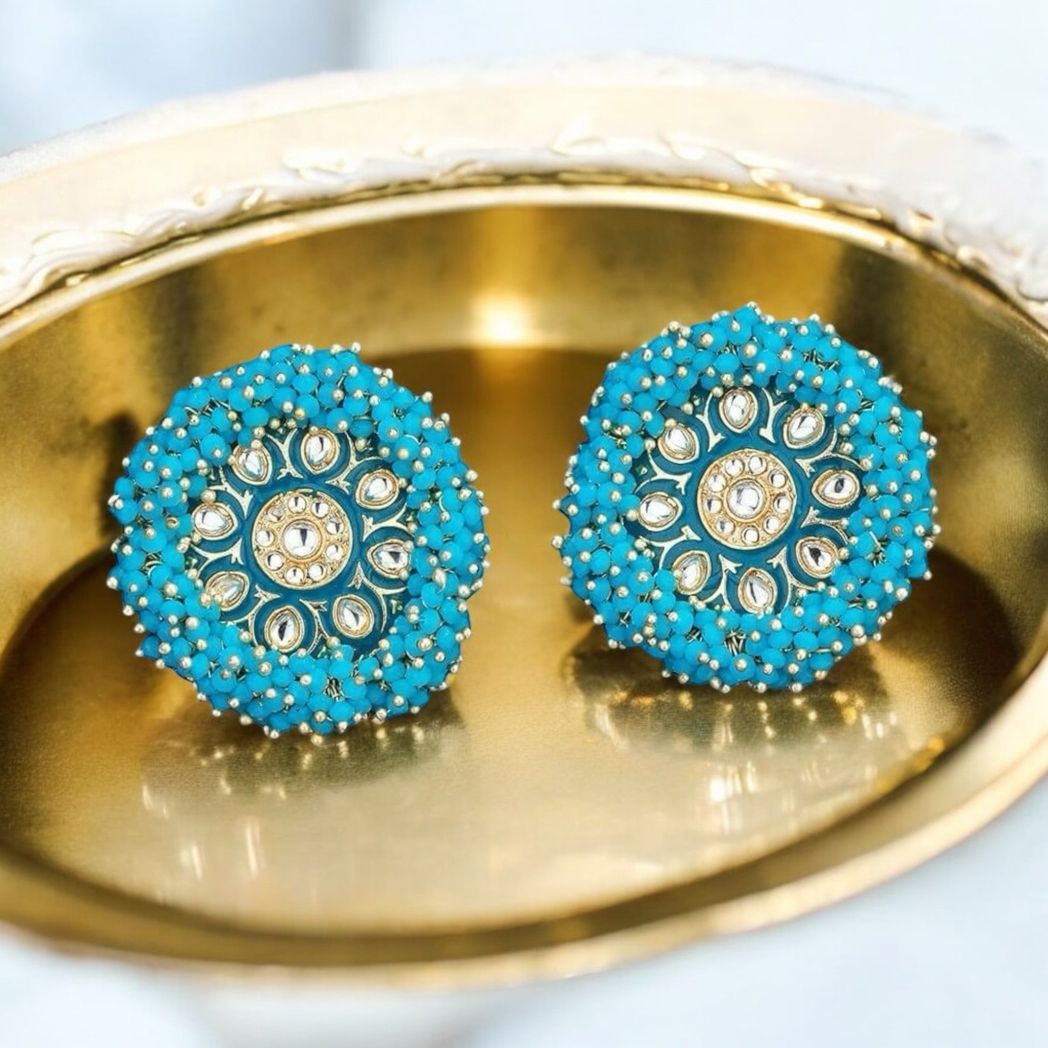 Lavish Giftz Gold Plated Indo Western Meenakari Stud Earrings - Aqua