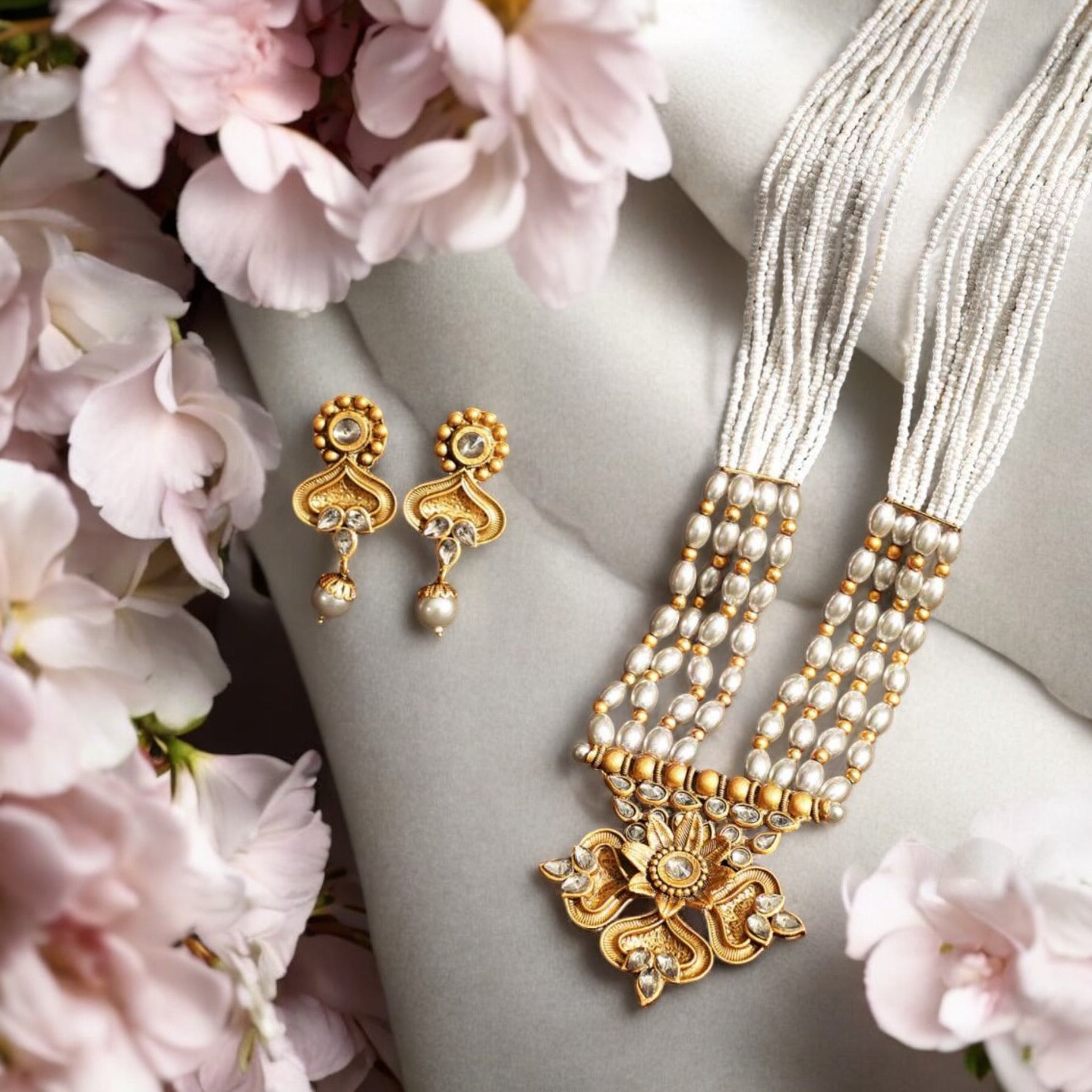 Lavish Giftz Gold Plated Multistranded Antique Kundan and White Stone Studded Handcrafted Necklace Set