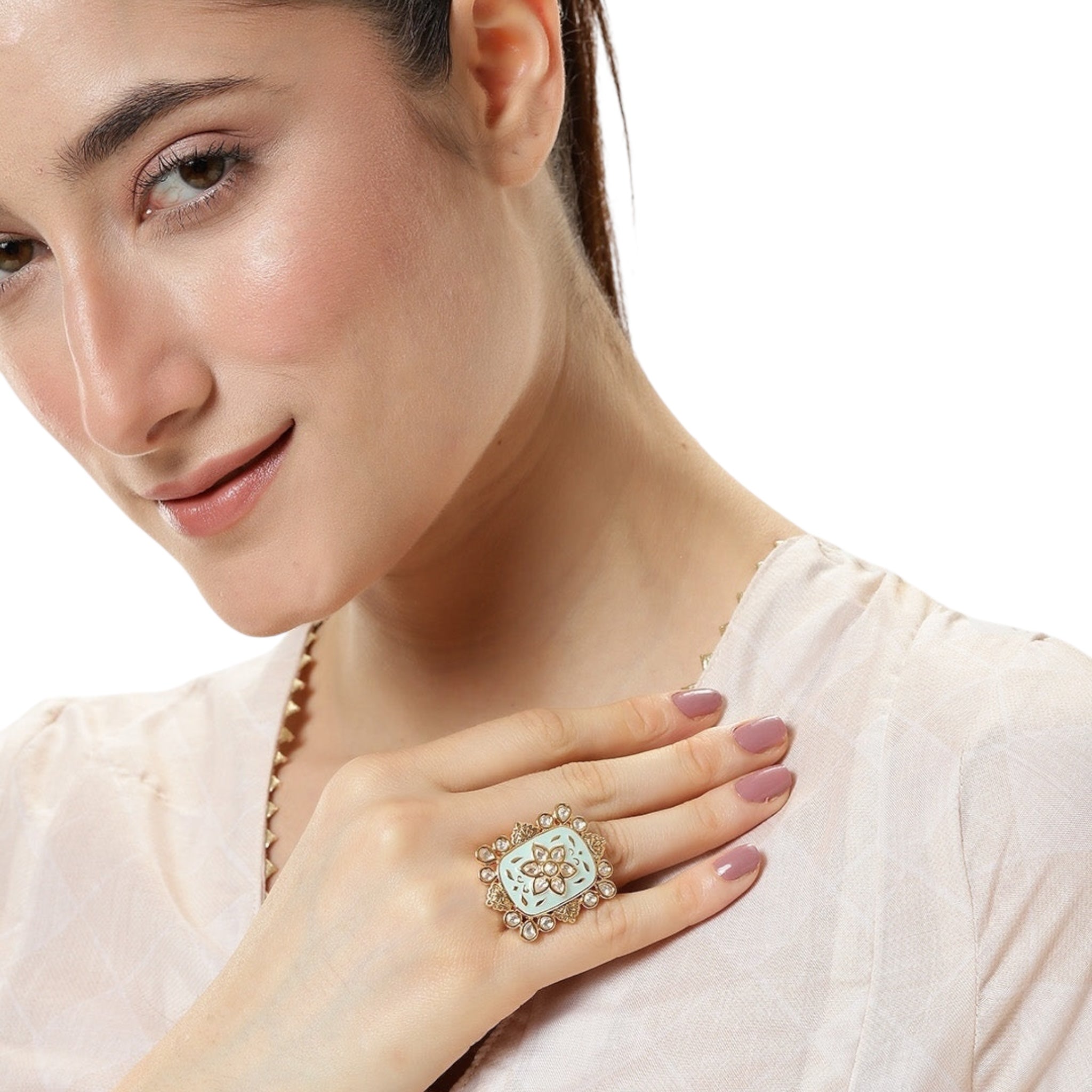 Lavish Giftz Gold-Plated Aqua Classic Kundan Stone Studded Handcrafted Finger Ring