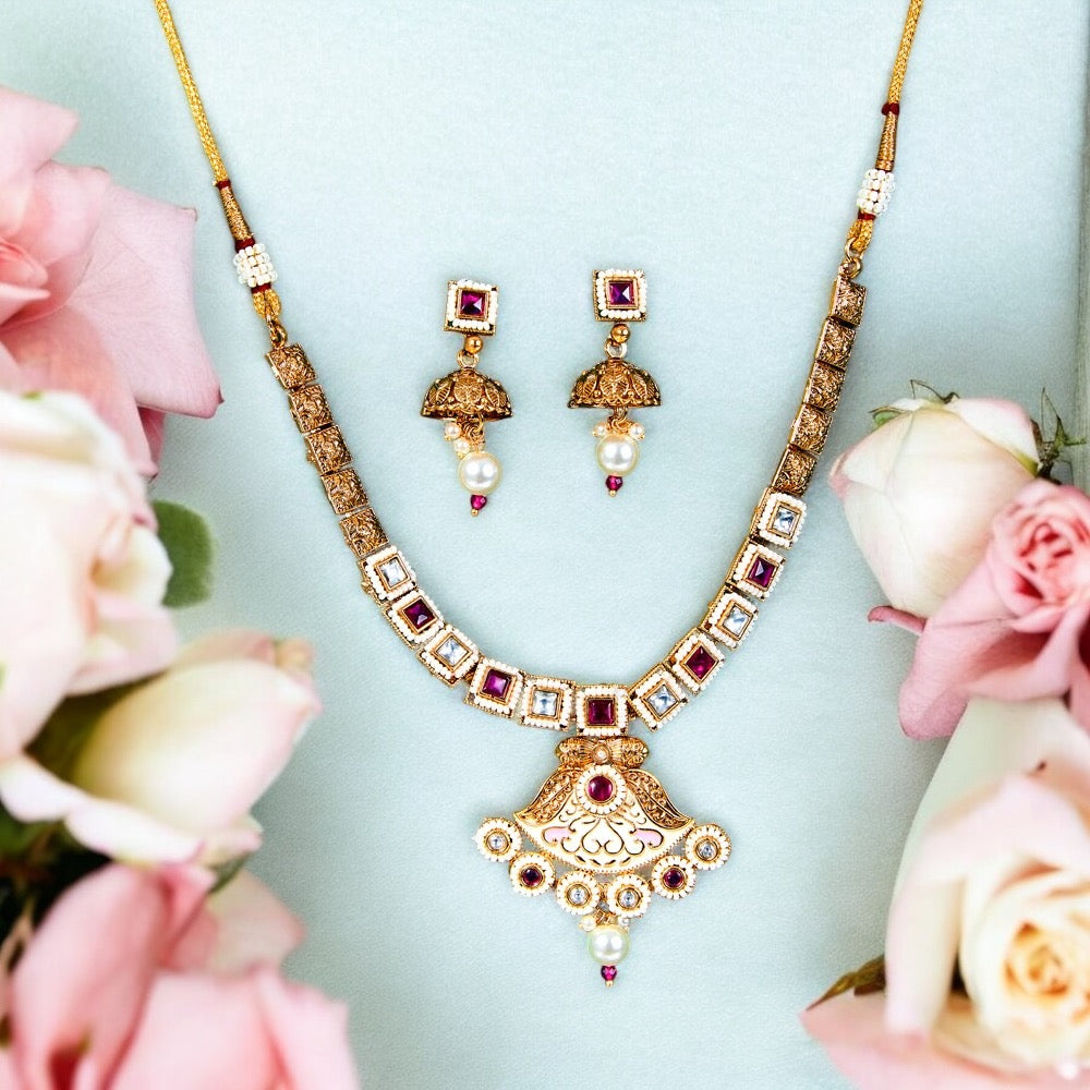 Lavish Giftz Enamelled Antique Gold Plated Ruby Necklace Set