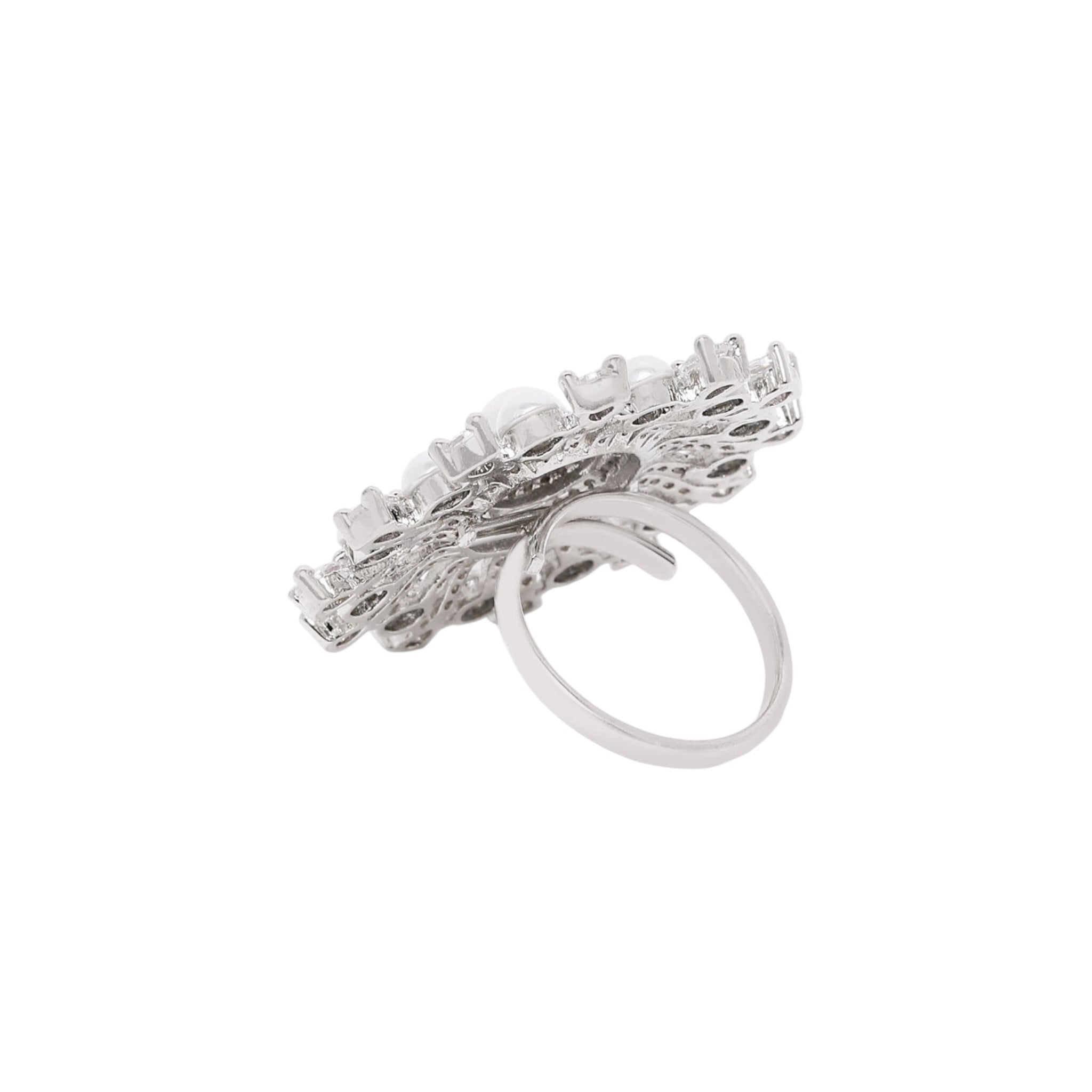 Lavish Giftz Elegant Cubic Zirconia Adjustable Ring with Pearls and Rhodium Plating